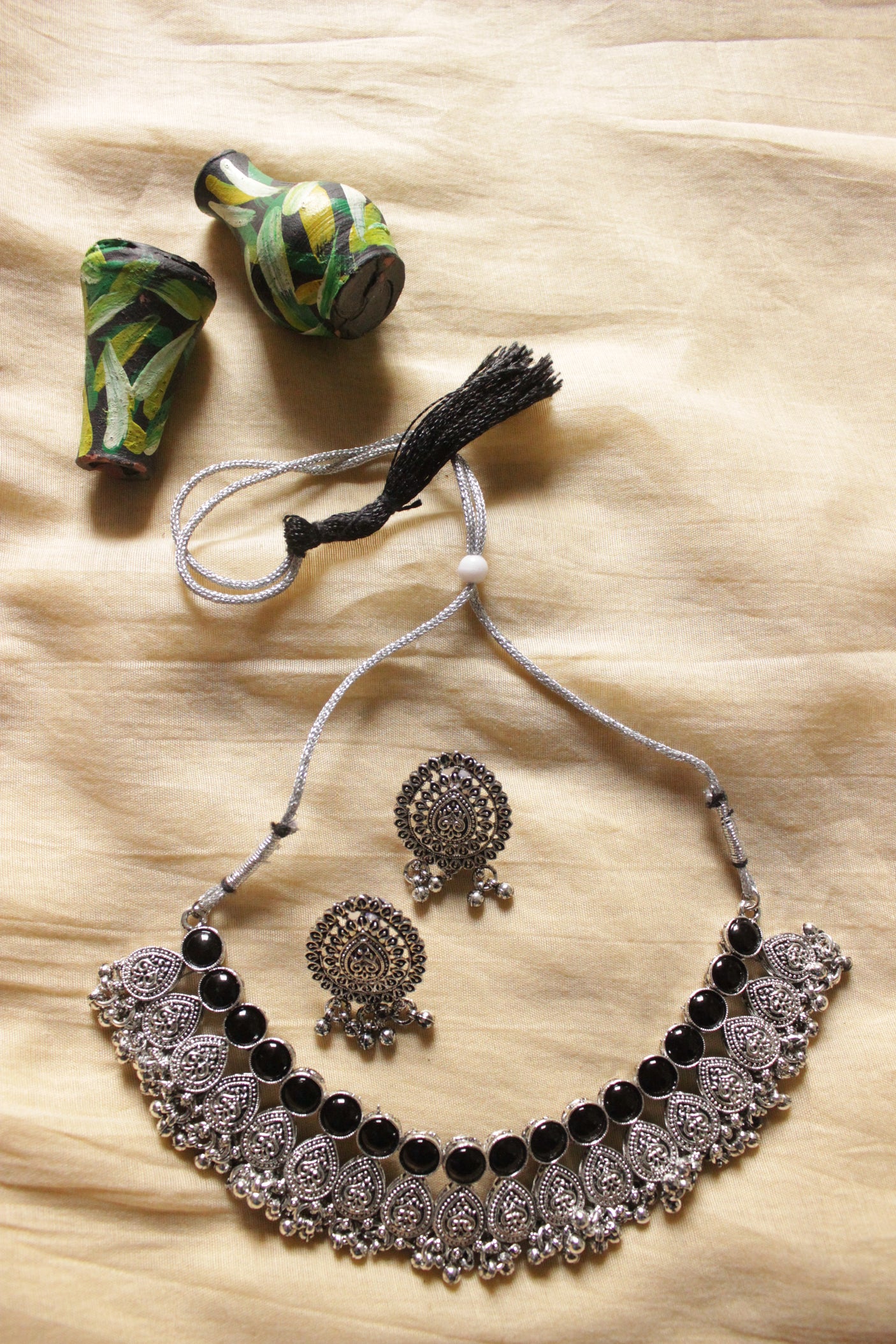 Oxidised Finish Black Stones Embedded Adjustable Length Choker Necklace Set