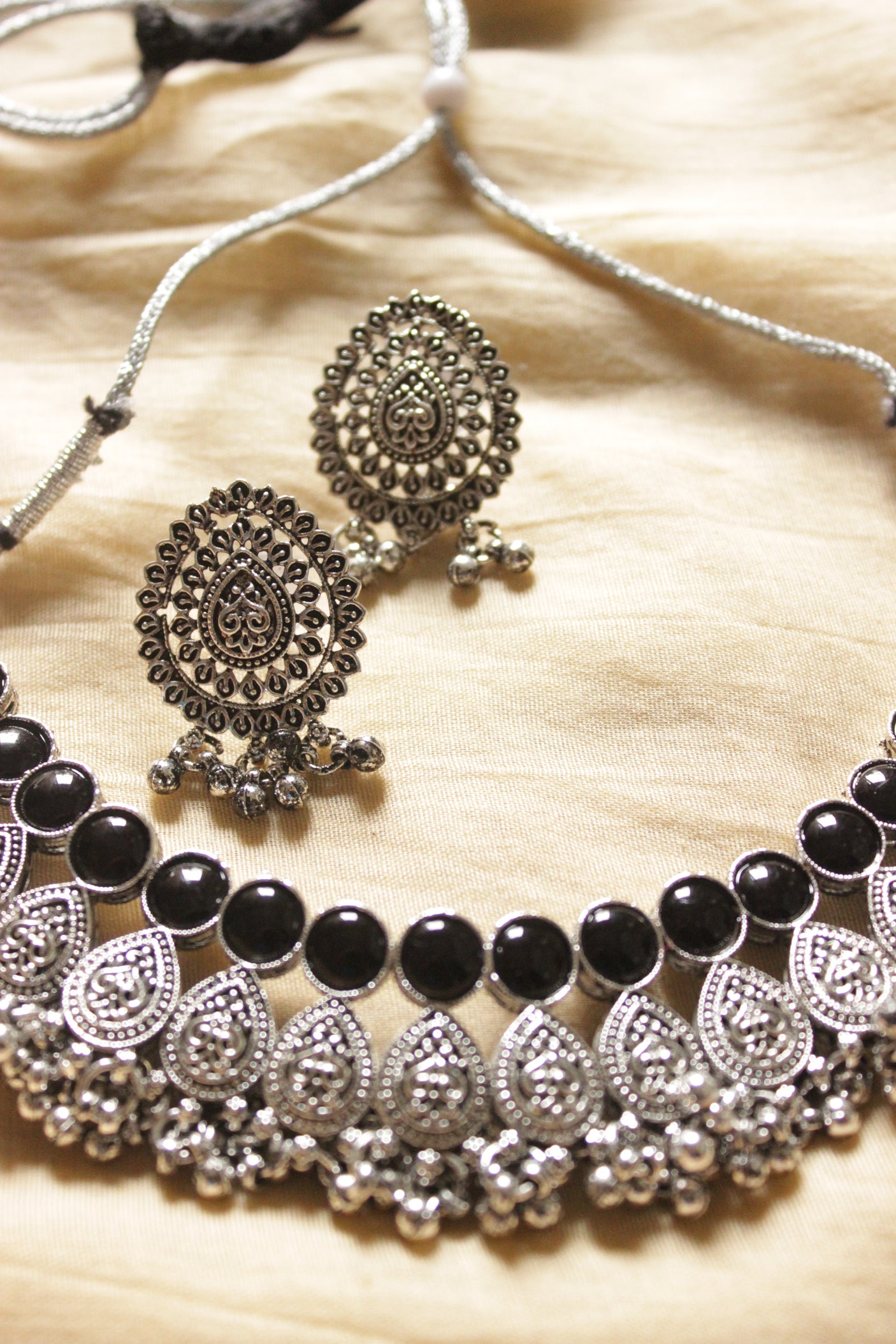 Oxidised Finish Black Stones Embedded Adjustable Length Choker Necklace Set