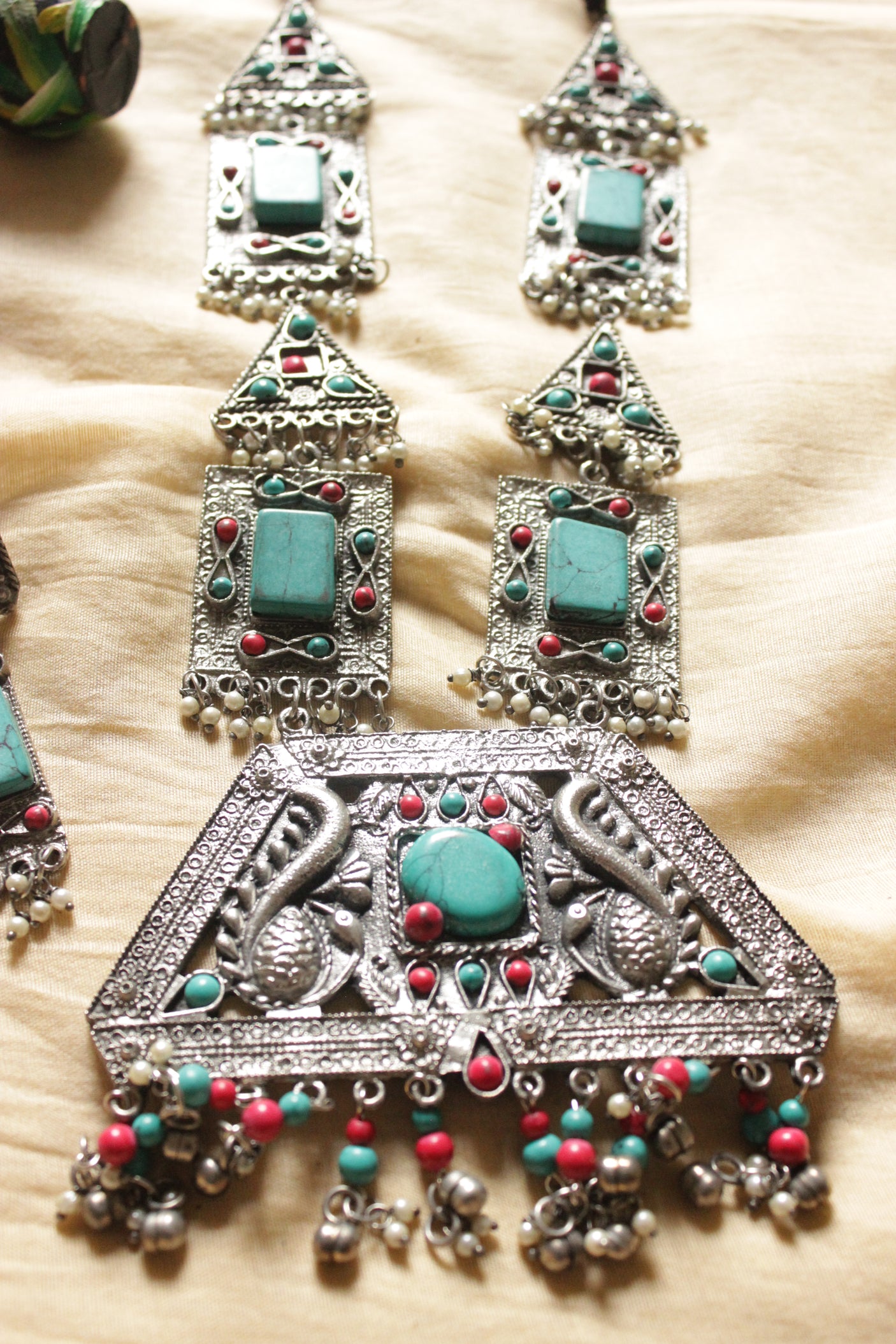 Elaborate Turquoise Natural Stones Embedded Tibetan Necklace Set