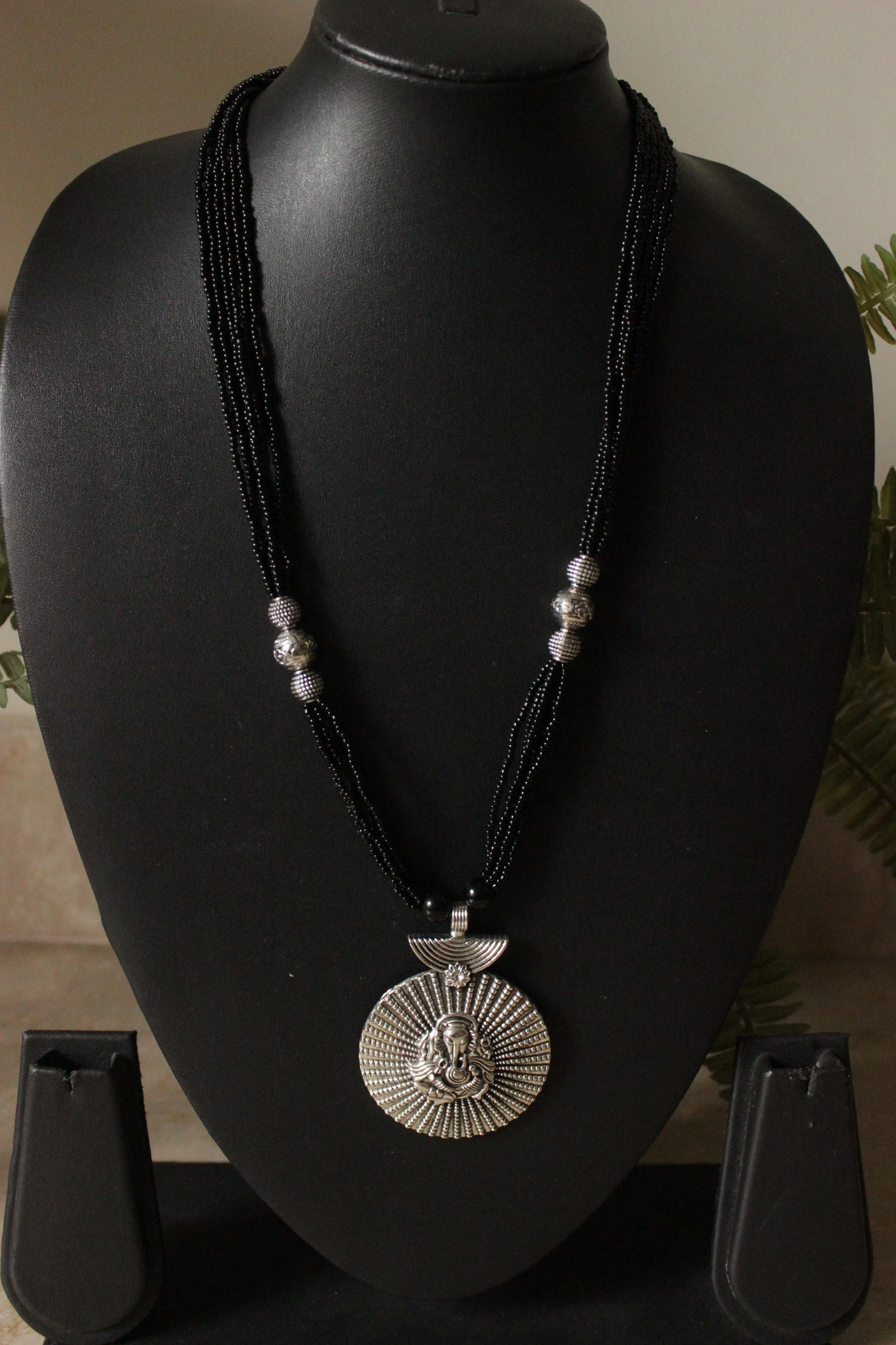 Oxidised Finish Ganesha Motif Pendant Multi-Layer Black Beads Necklace