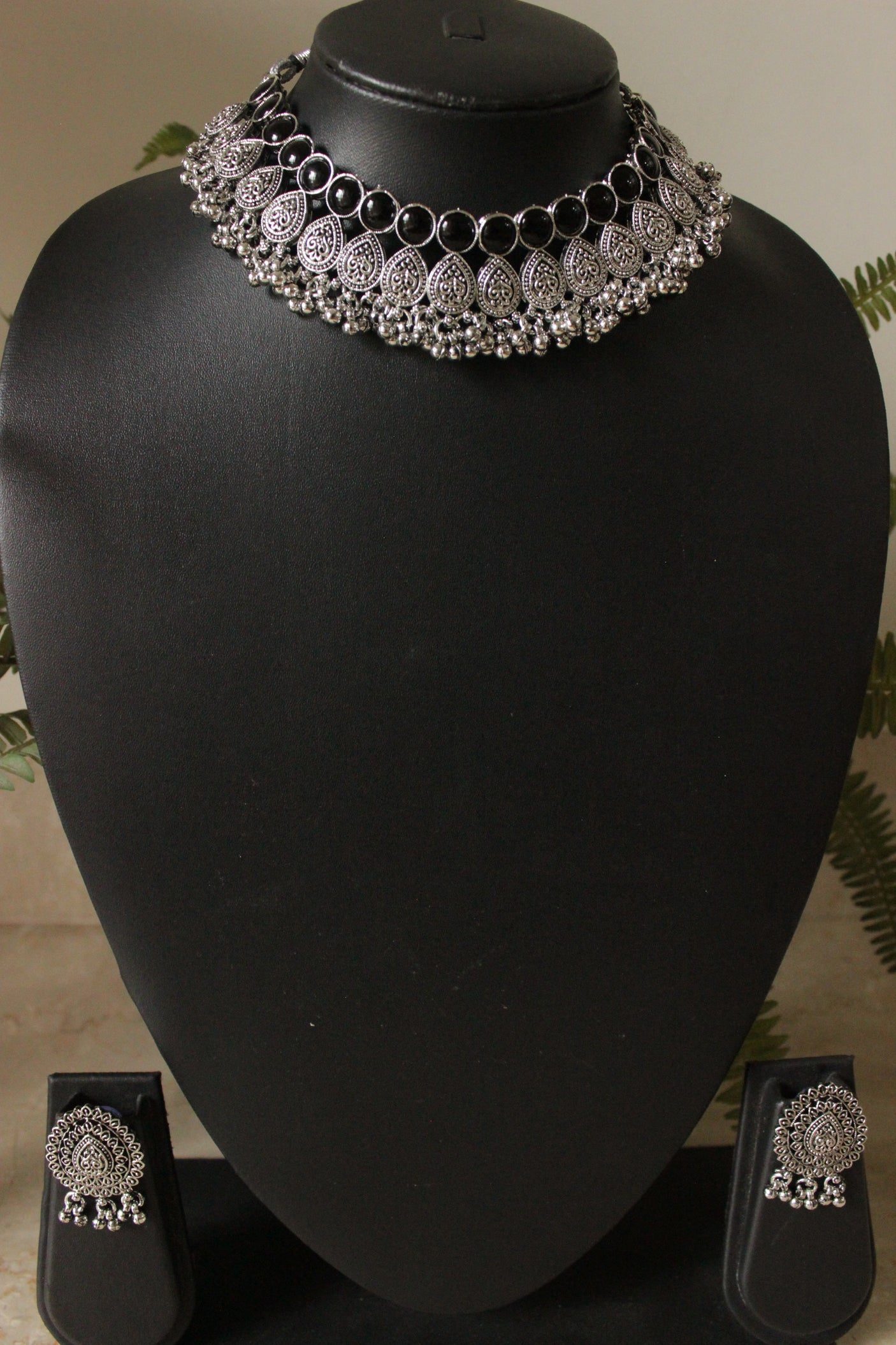 Oxidised Finish Black Stones Embedded Adjustable Length Choker Necklace Set