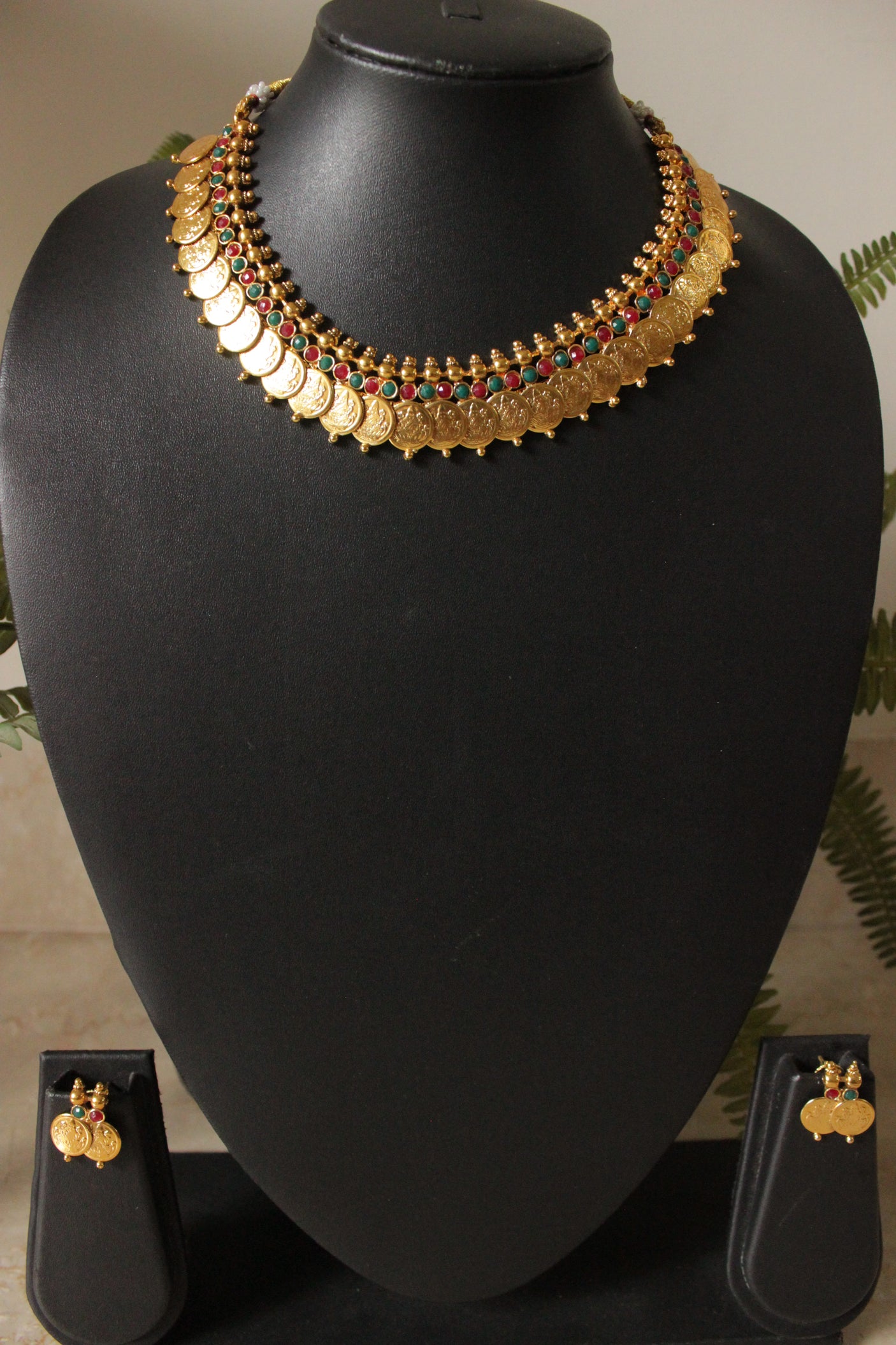 Religious Motifs Stamped Coins Red & Green Stones Temple Jewelry Choker Necklace Set