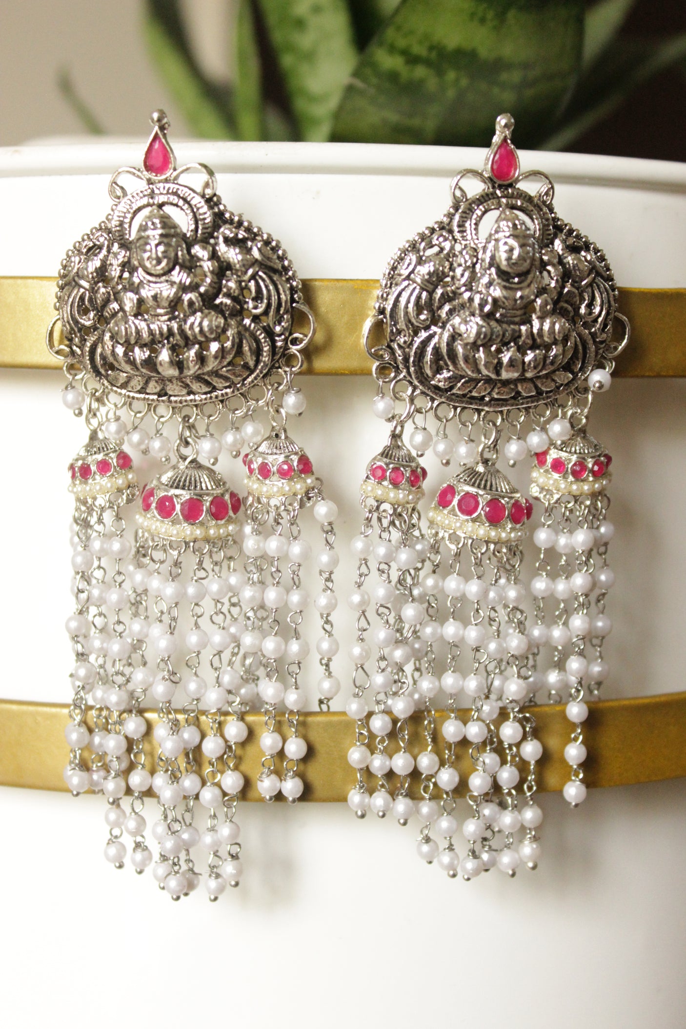Religious Motif Oxidised Finish White Beads Chain Strings Jhumka Earrings