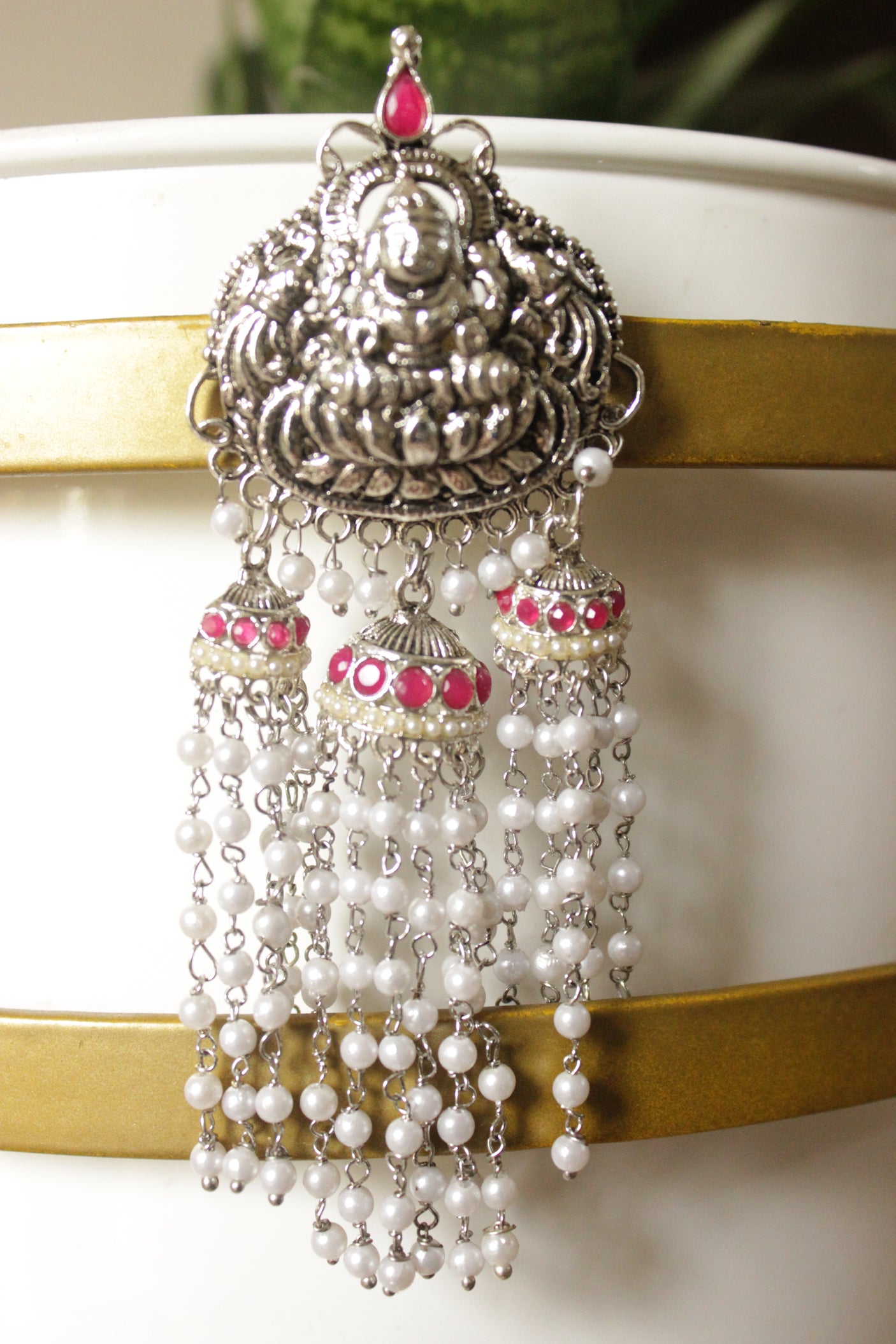 Religious Motif Oxidised Finish White Beads Chain Strings Jhumka Earrings