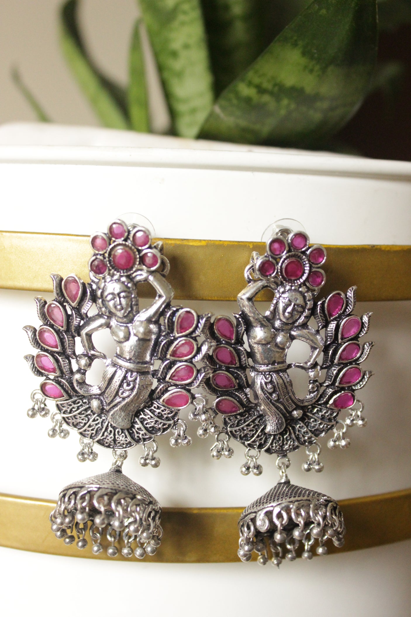 Fuchsia Glass Stones Embedded Oxidised Finish Girl Motif Statement Earrings