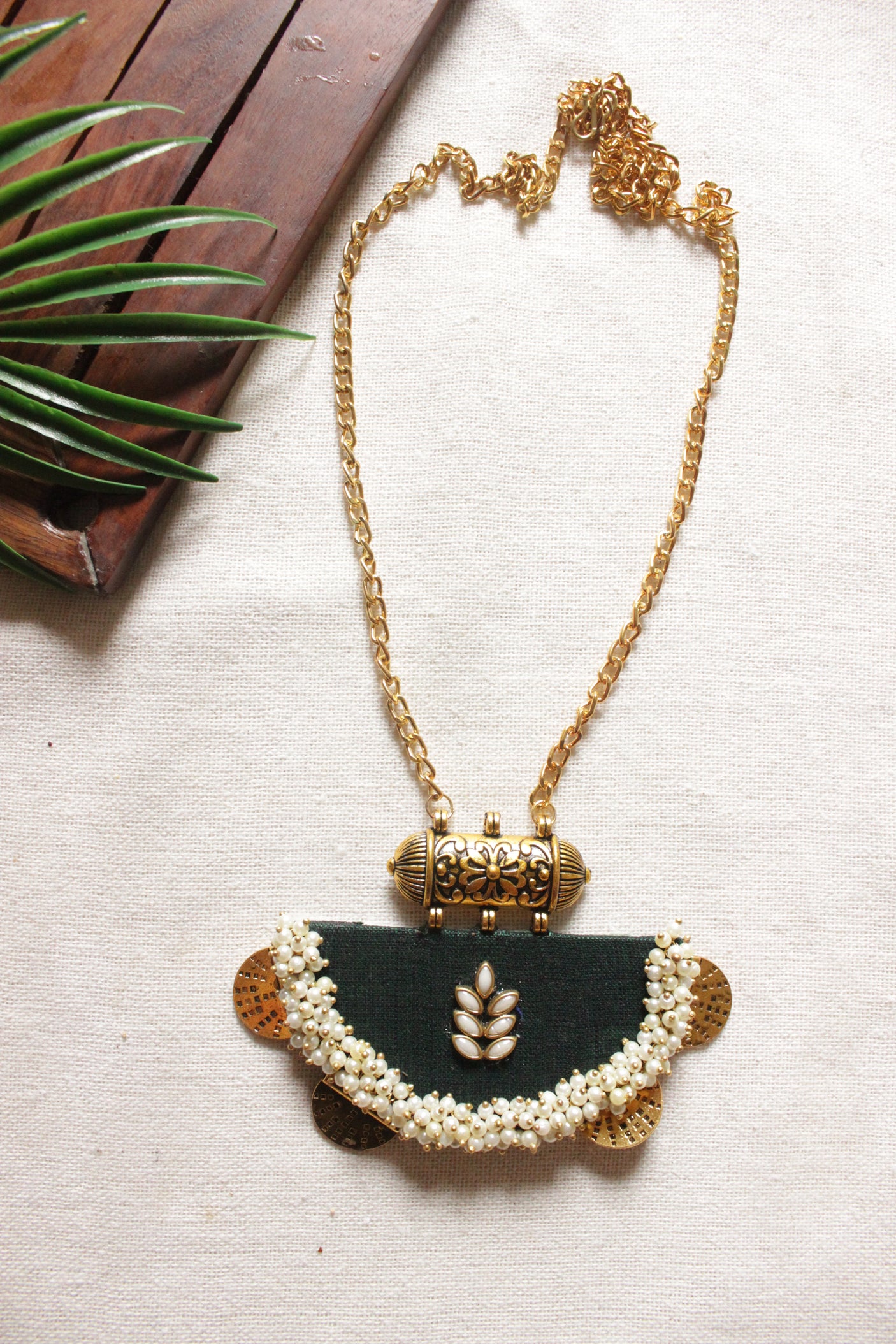 Bottle Green Fabric Gold Finish White Beads Embellished Necklace