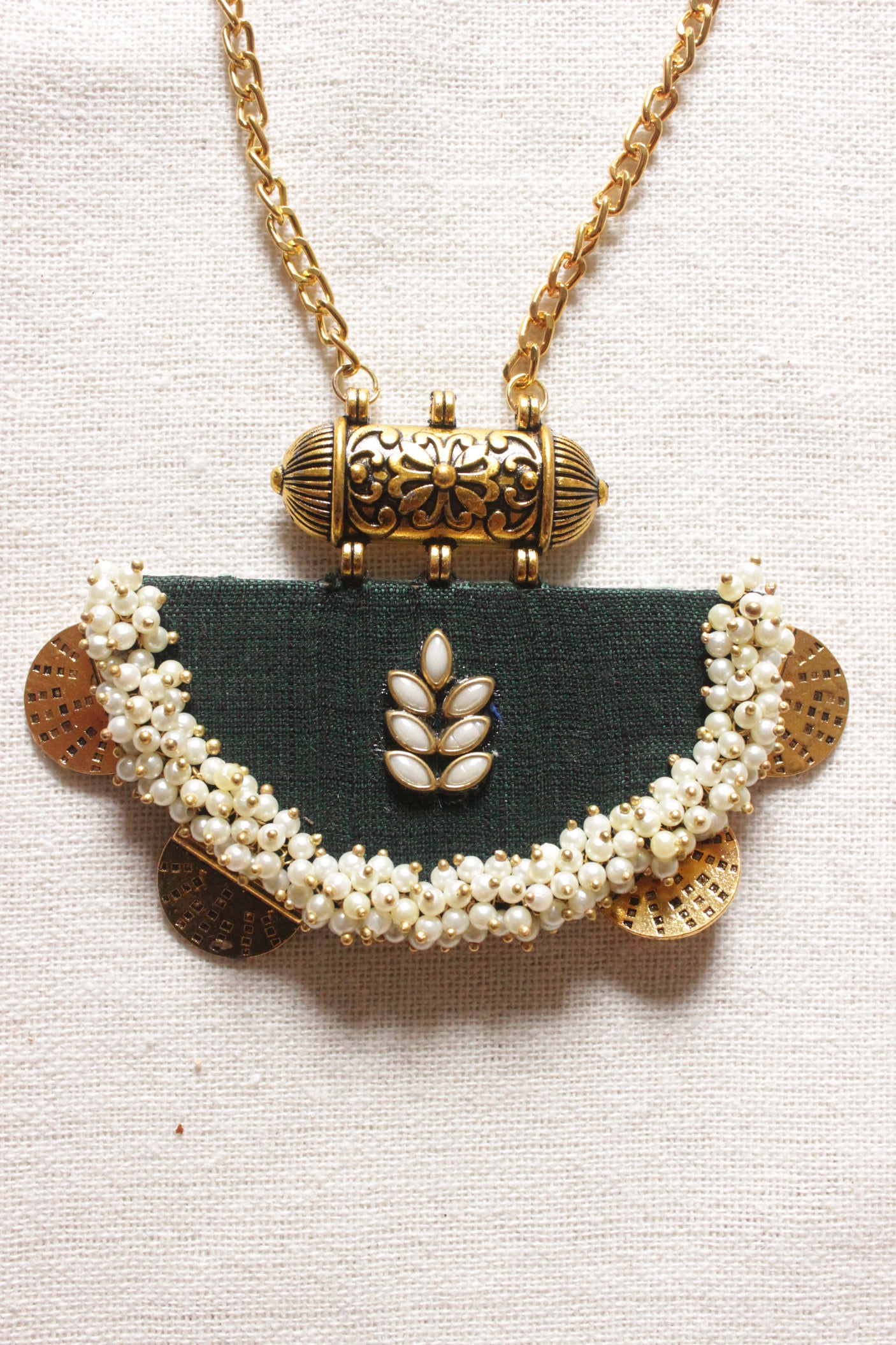 Bottle Green Fabric Gold Finish White Beads Embellished Necklace