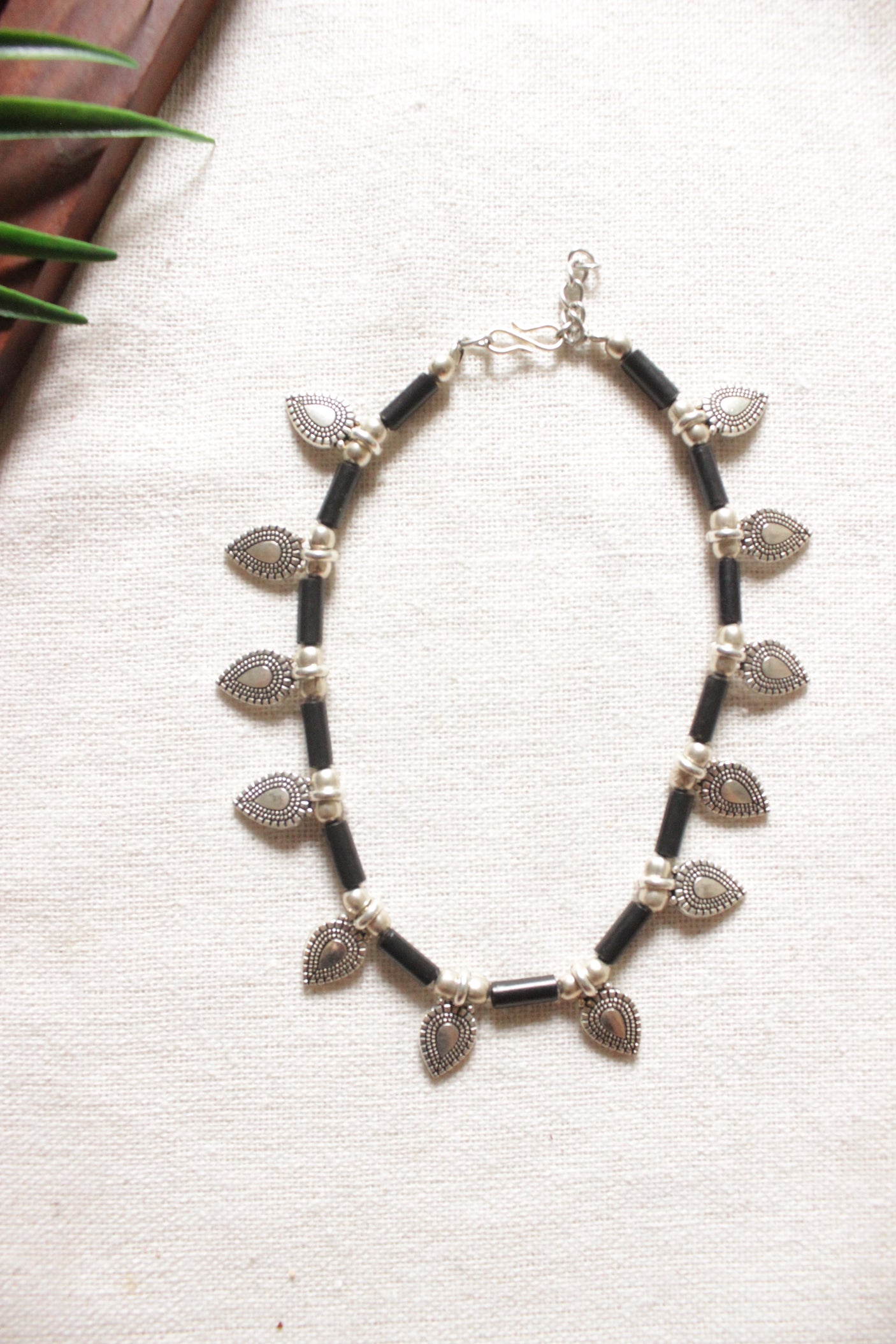 Leaf Shaped Metal Charms Braided with Black Beads Anklets - Set of 2