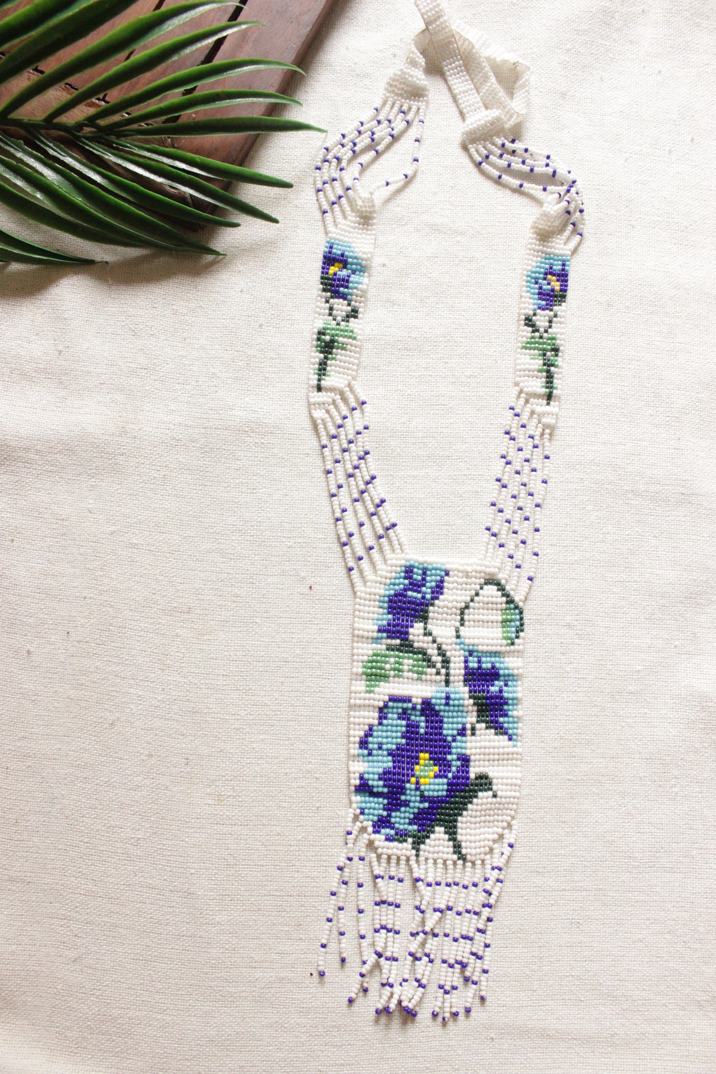White & Blue Beads Hand Braided Long Necklace