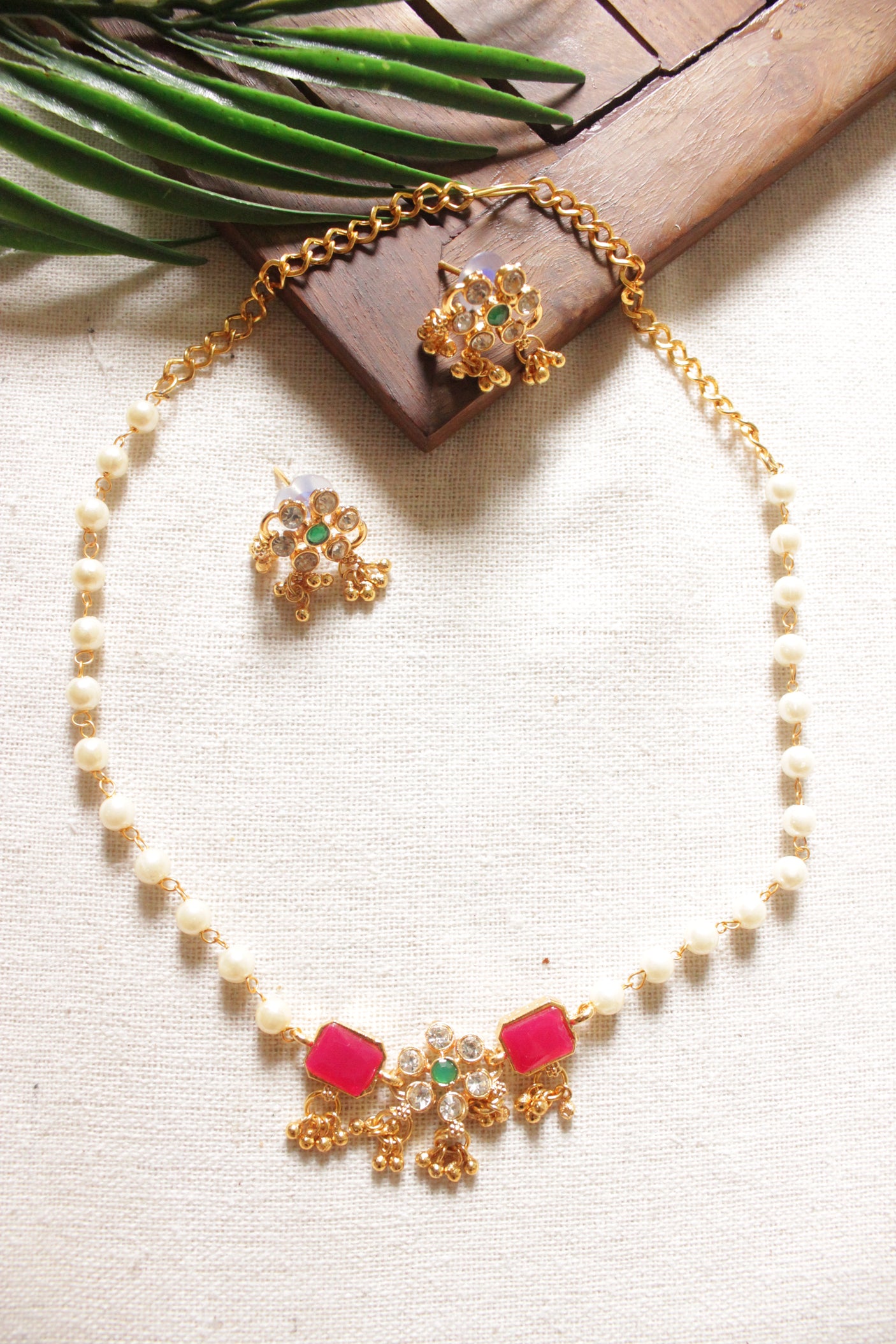 White Beads and Red Natural Gemstones Embedded Gold Toned Choker Necklace Set