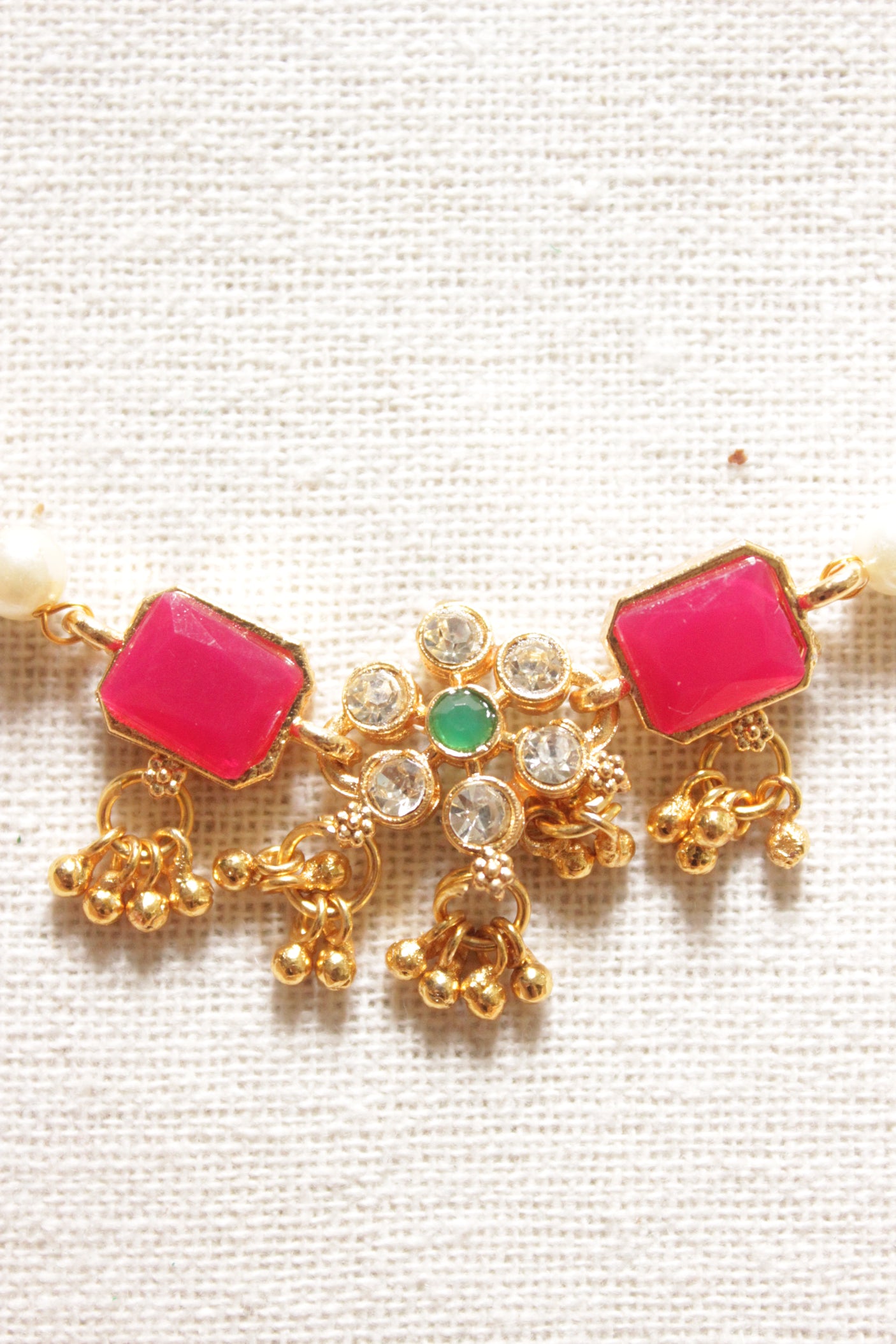 White Beads and Red Natural Gemstones Embedded Gold Toned Choker Necklace Set