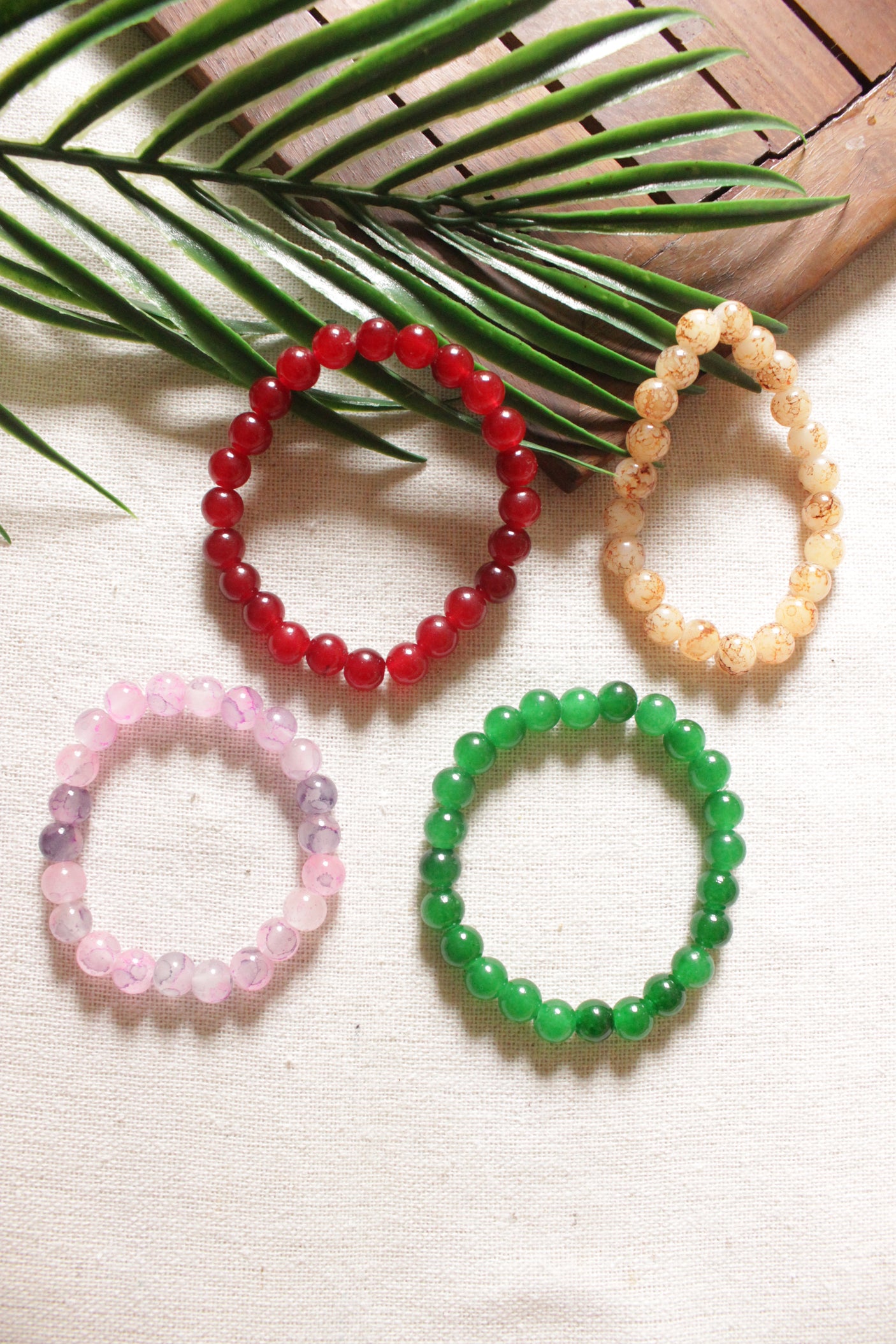 Set of 7 Jade Beads Bracelets - Red, Ivory, Pink, Green