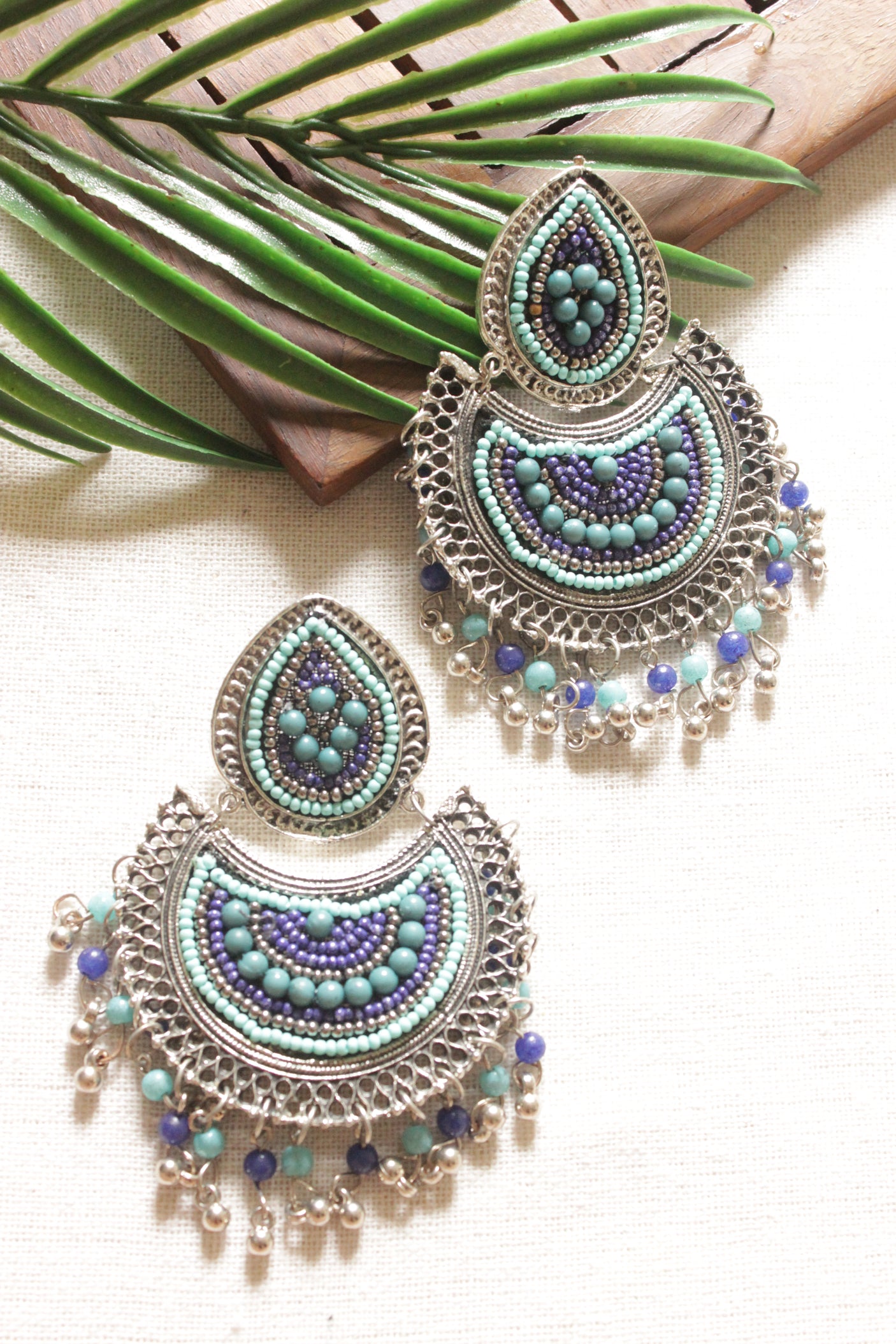 Shades of Blue Beads Embellished Afghani Style Metal Earrings
