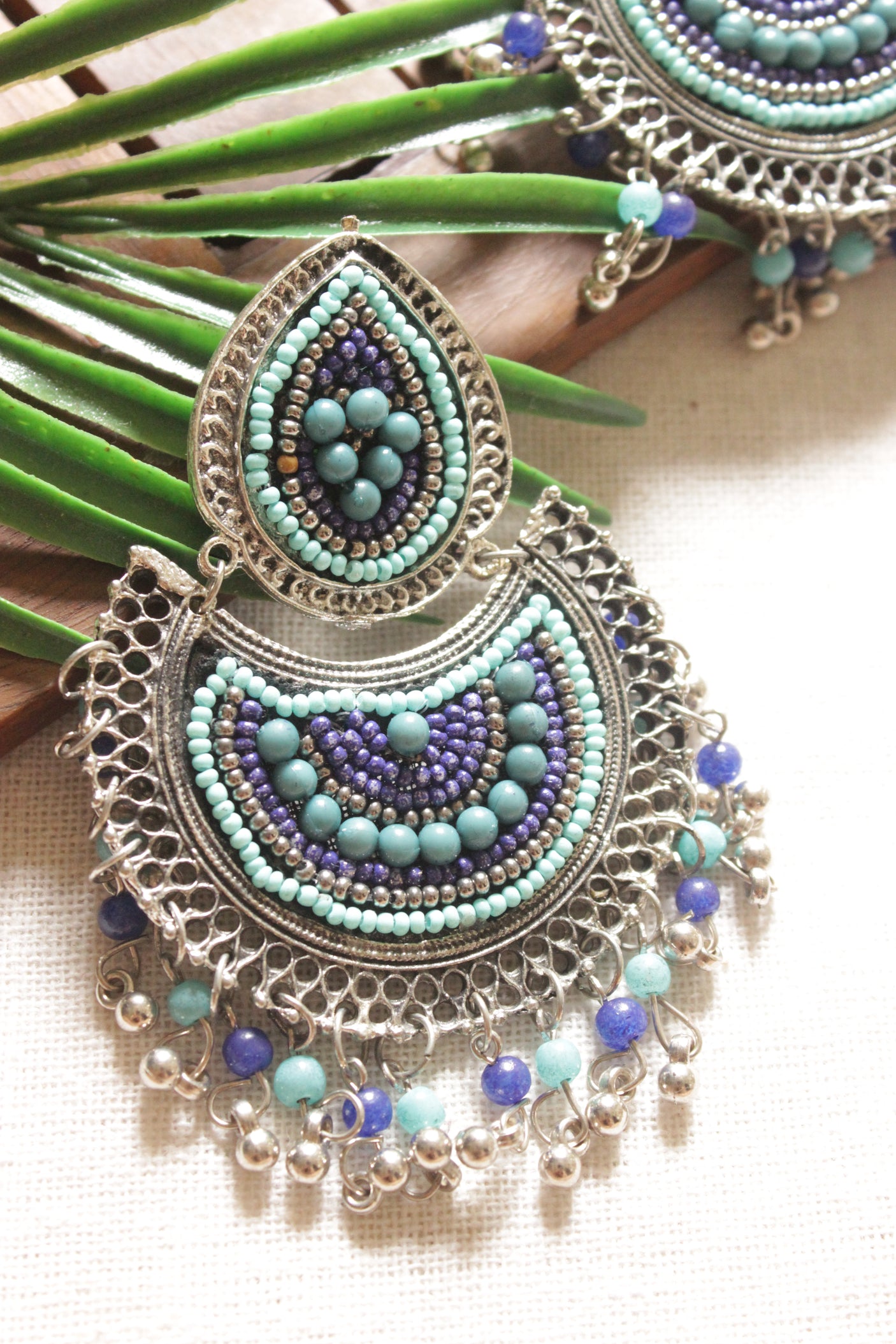 Shades of Blue Beads Embellished Afghani Style Metal Earrings