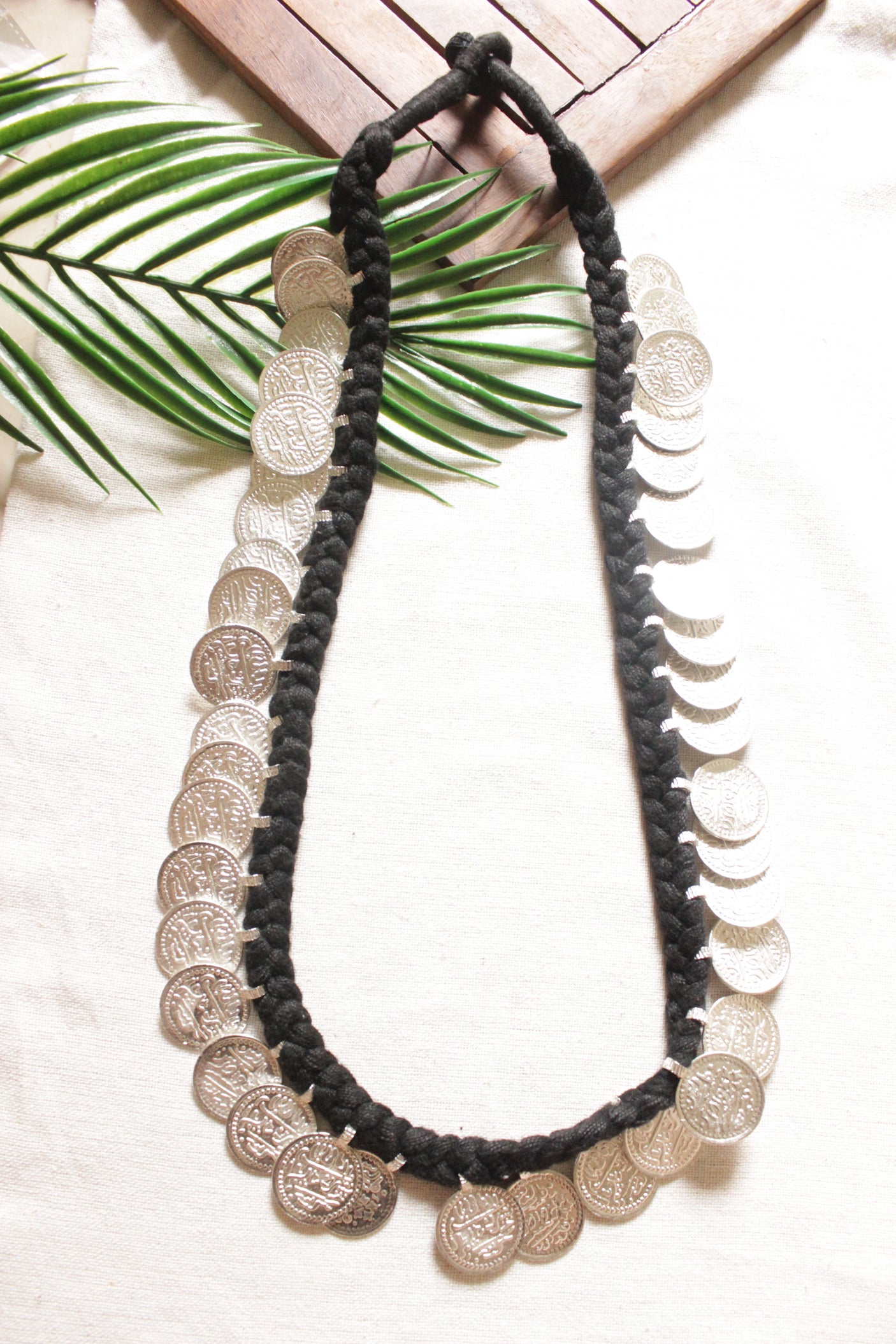 Stamped Metal Coins Braided in long Black Threads Statement Long Necklace