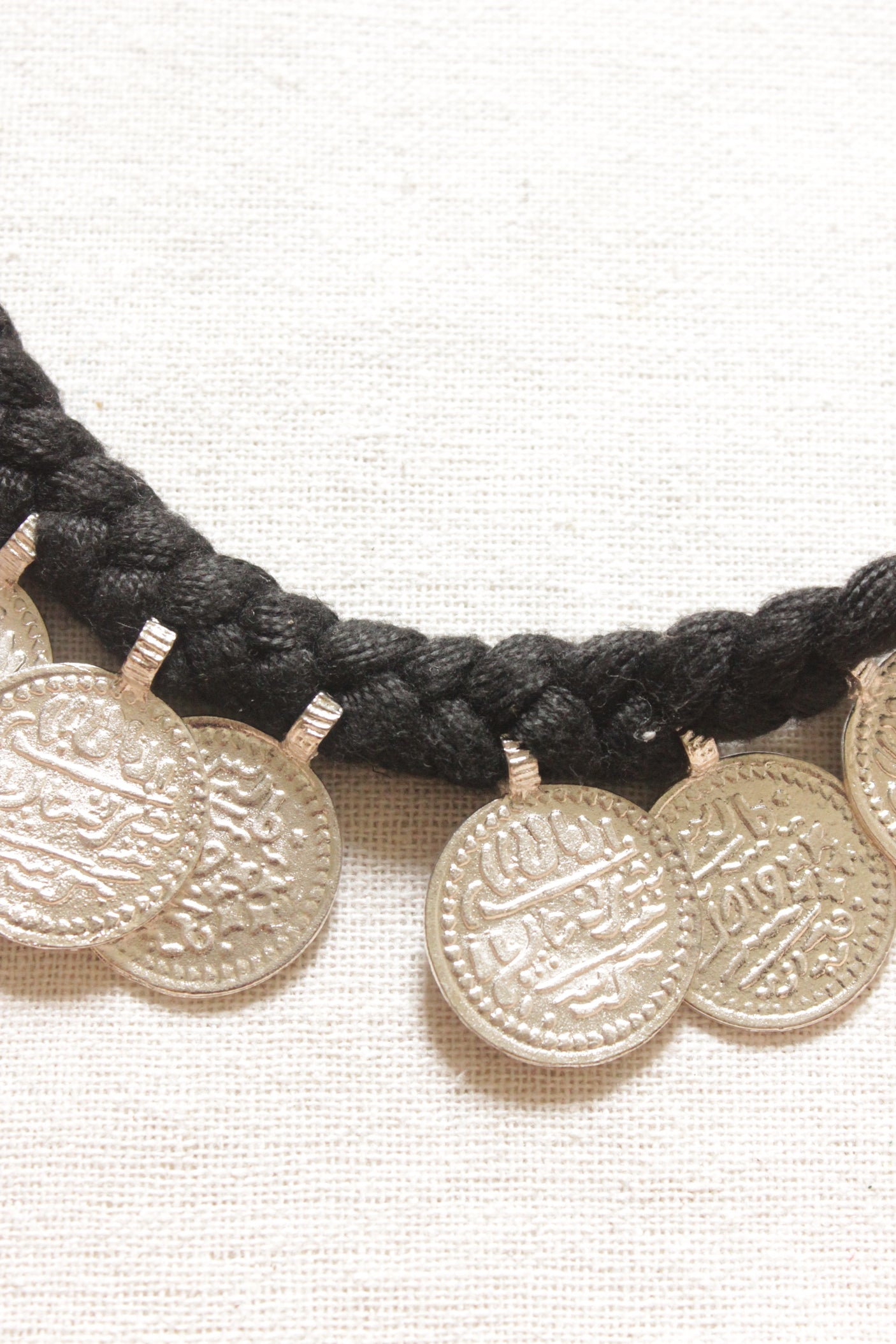 Stamped Metal Coins Braided in long Black Threads Statement Long Necklace