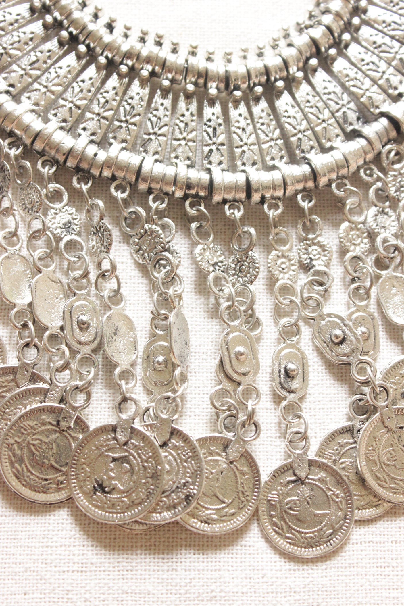 Stamped Coins Silver Finish Adjustable Choker Necklace