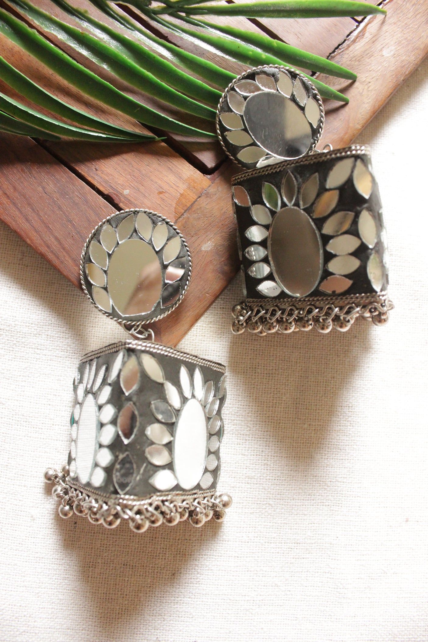 Mirror Work Black Enamel Painted Jhumka Earrings