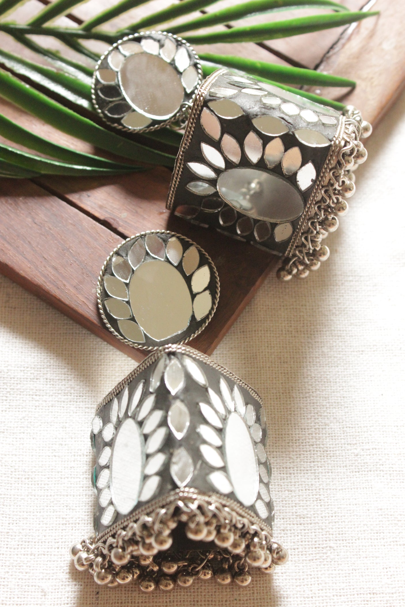 Mirror Work Black Enamel Painted Jhumka Earrings