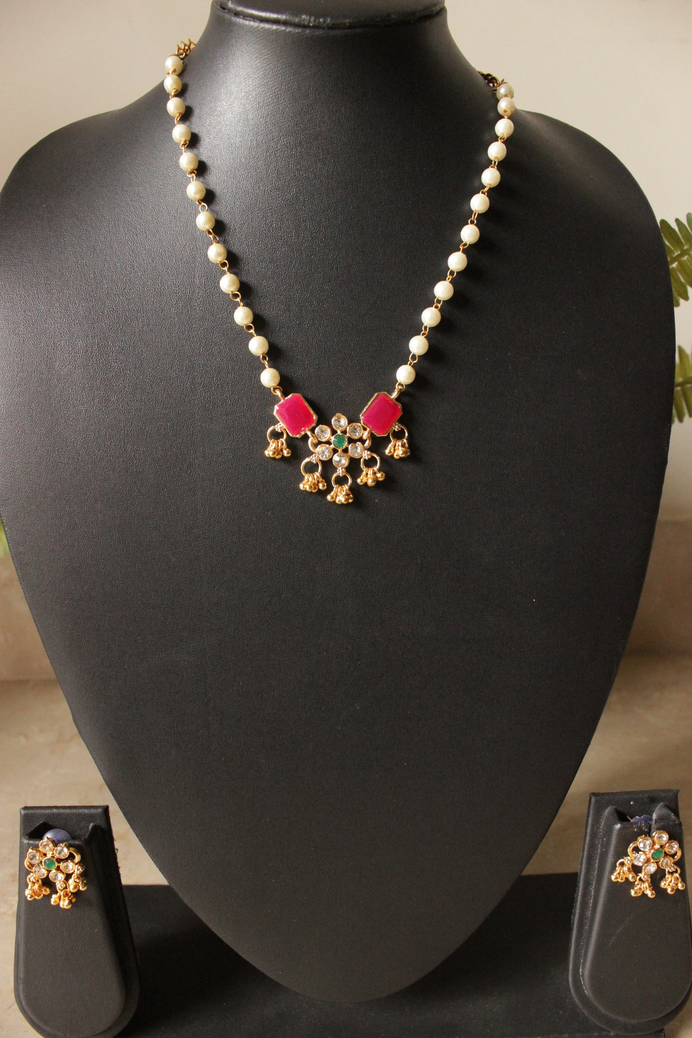 White Beads and Red Natural Gemstones Embedded Gold Toned Choker Necklace Set