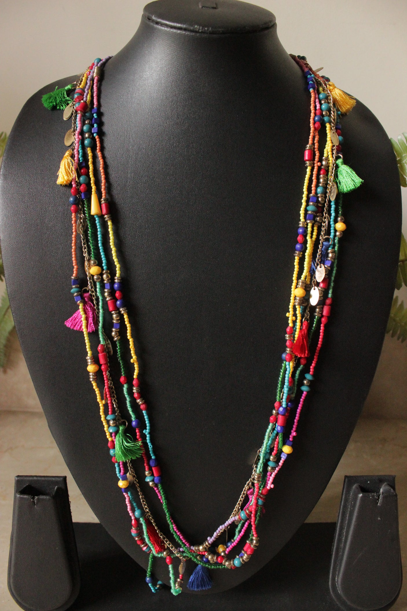 Multi-Layered Layered Fabric, Beads and Metal Charms Long Necklace