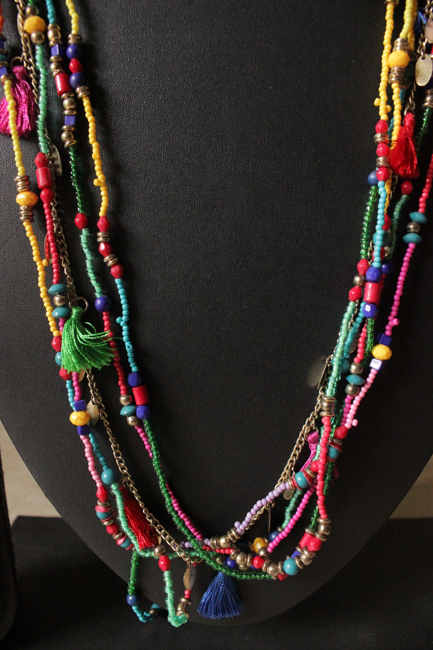 Multi-Layered Layered Fabric, Beads and Metal Charms Long Necklace