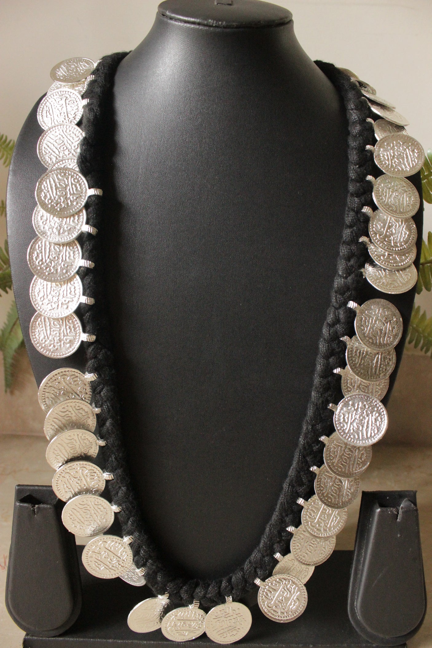 Stamped Metal Coins Braided in long Black Threads Statement Long Necklace