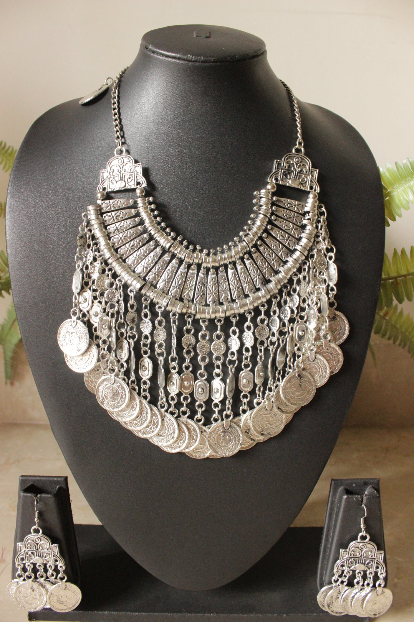 Stamped Coins Silver Finish Adjustable Choker Necklace