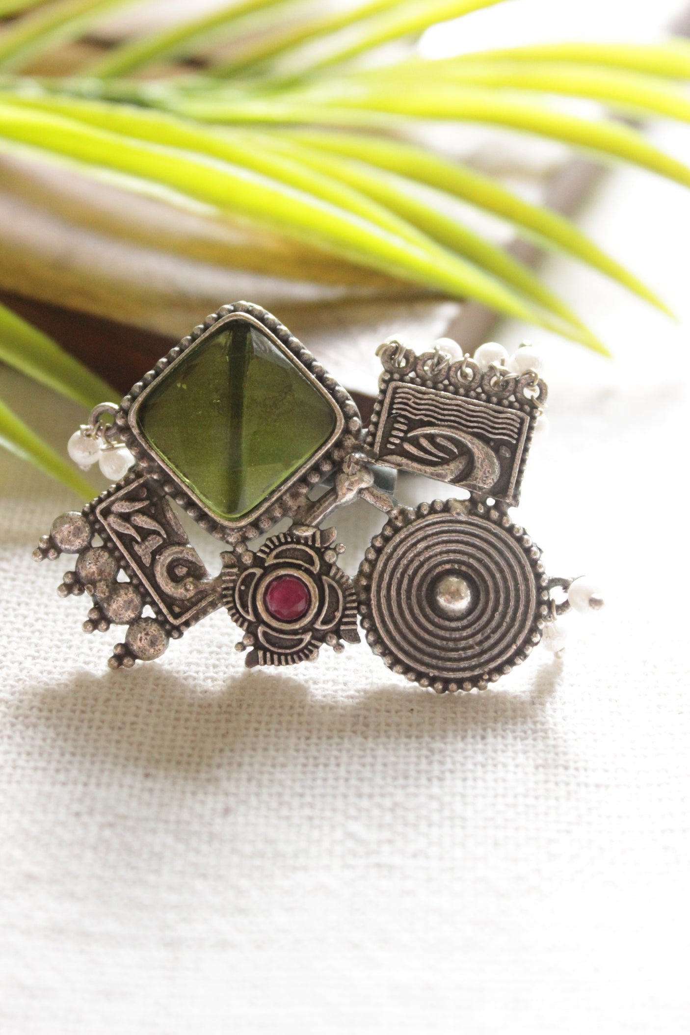 Square Green Center Stone Oxidised Silver Finish Abstract Motifs Statement Cocktail Adjustable Ring