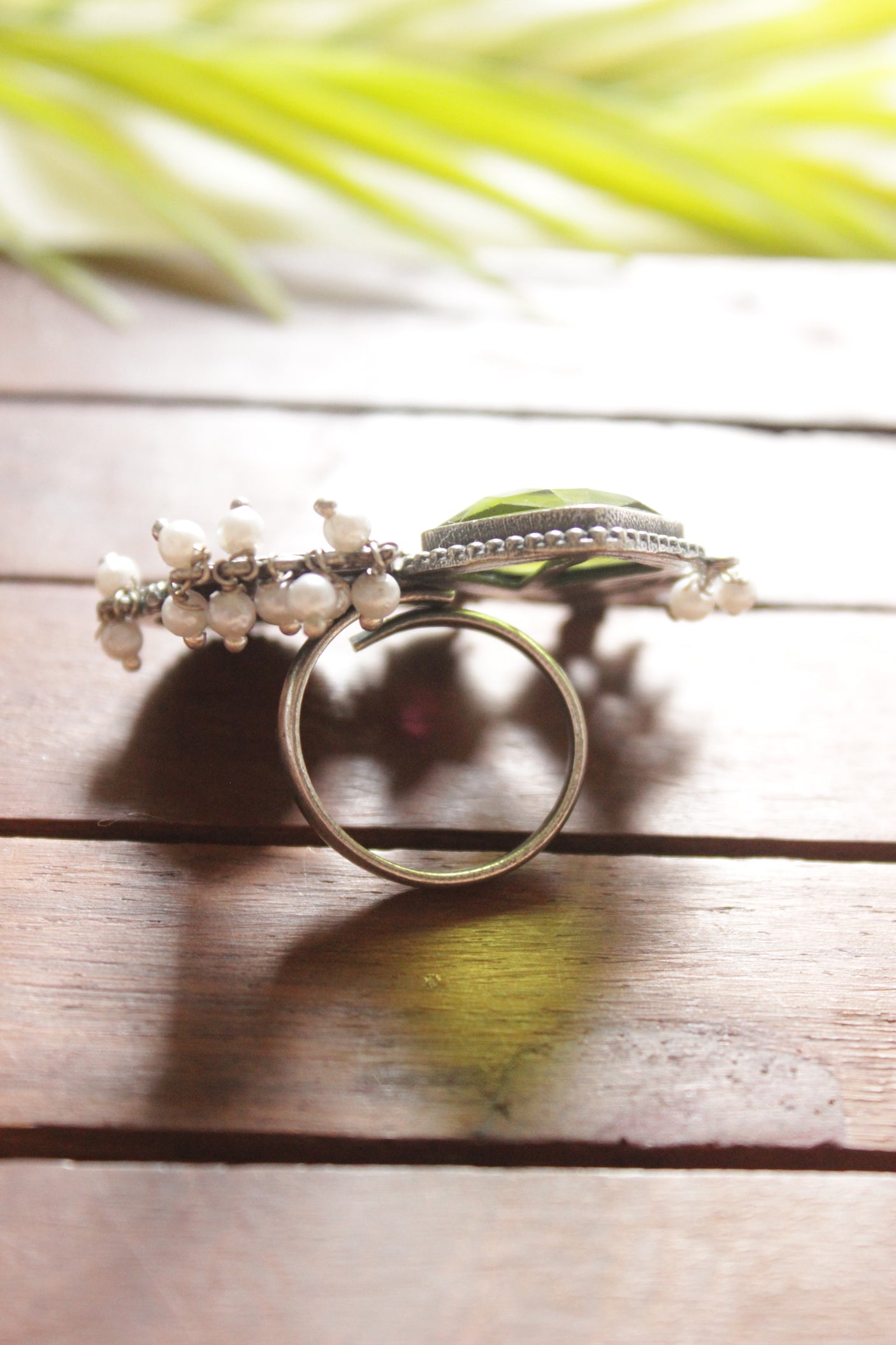 Square Green Center Stone Oxidised Silver Finish Abstract Motifs Statement Cocktail Adjustable Ring