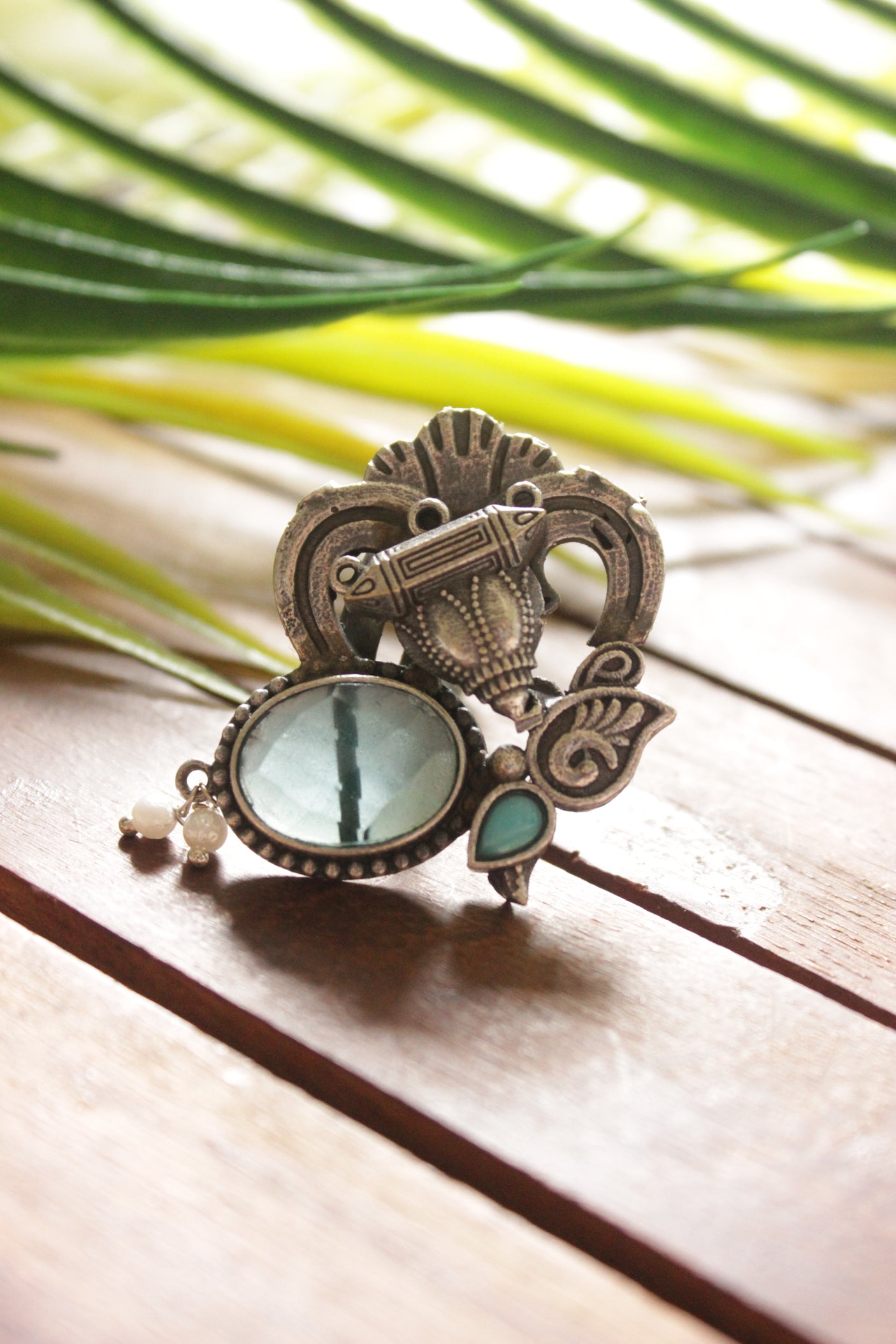 Turquoise Stone Oxidised Silver Finish Abstract Motifs Statement Cocktail Adjustable Ring