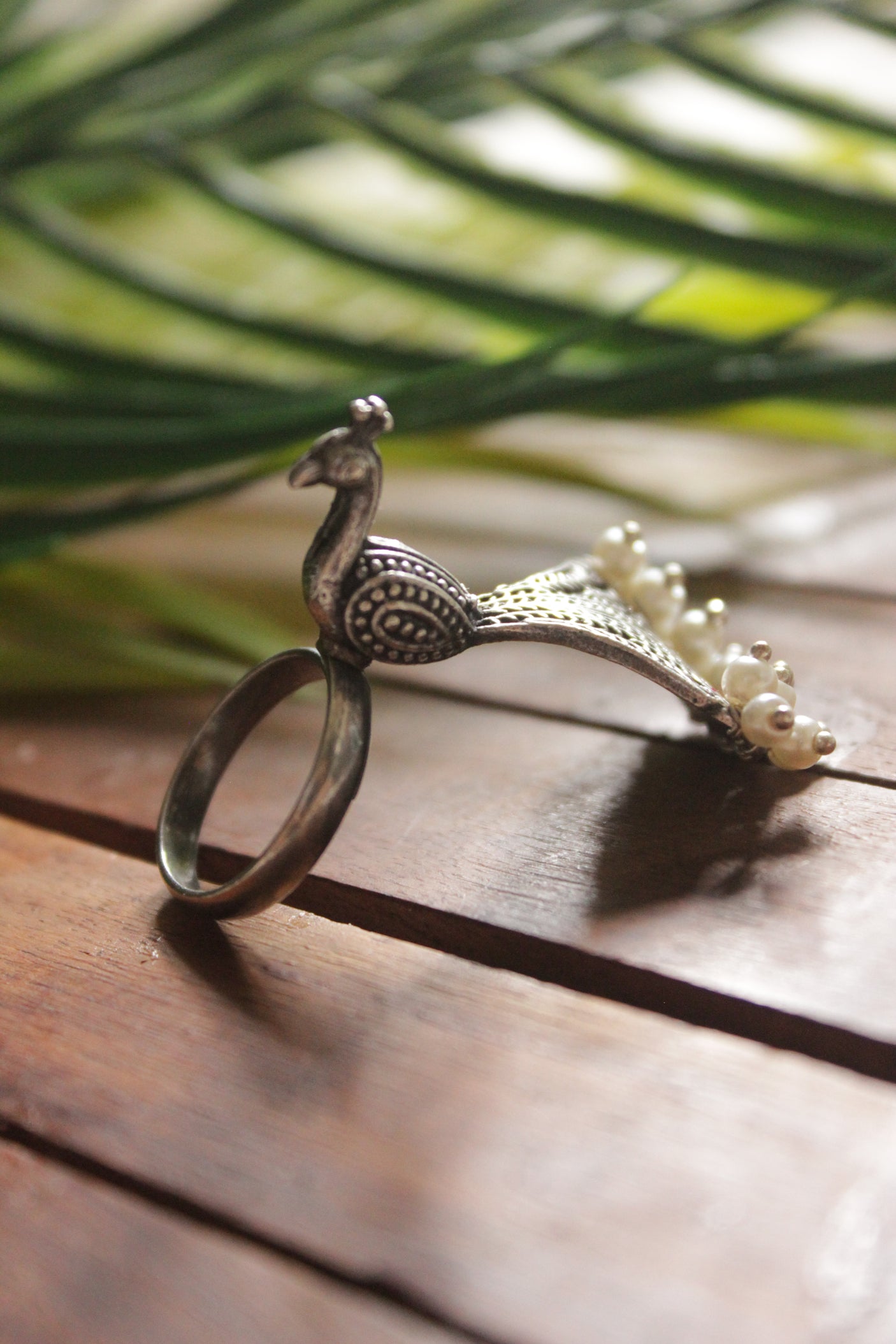 Peacock Oxidised Silver Finish Statement Cocktail Adjustable Ring