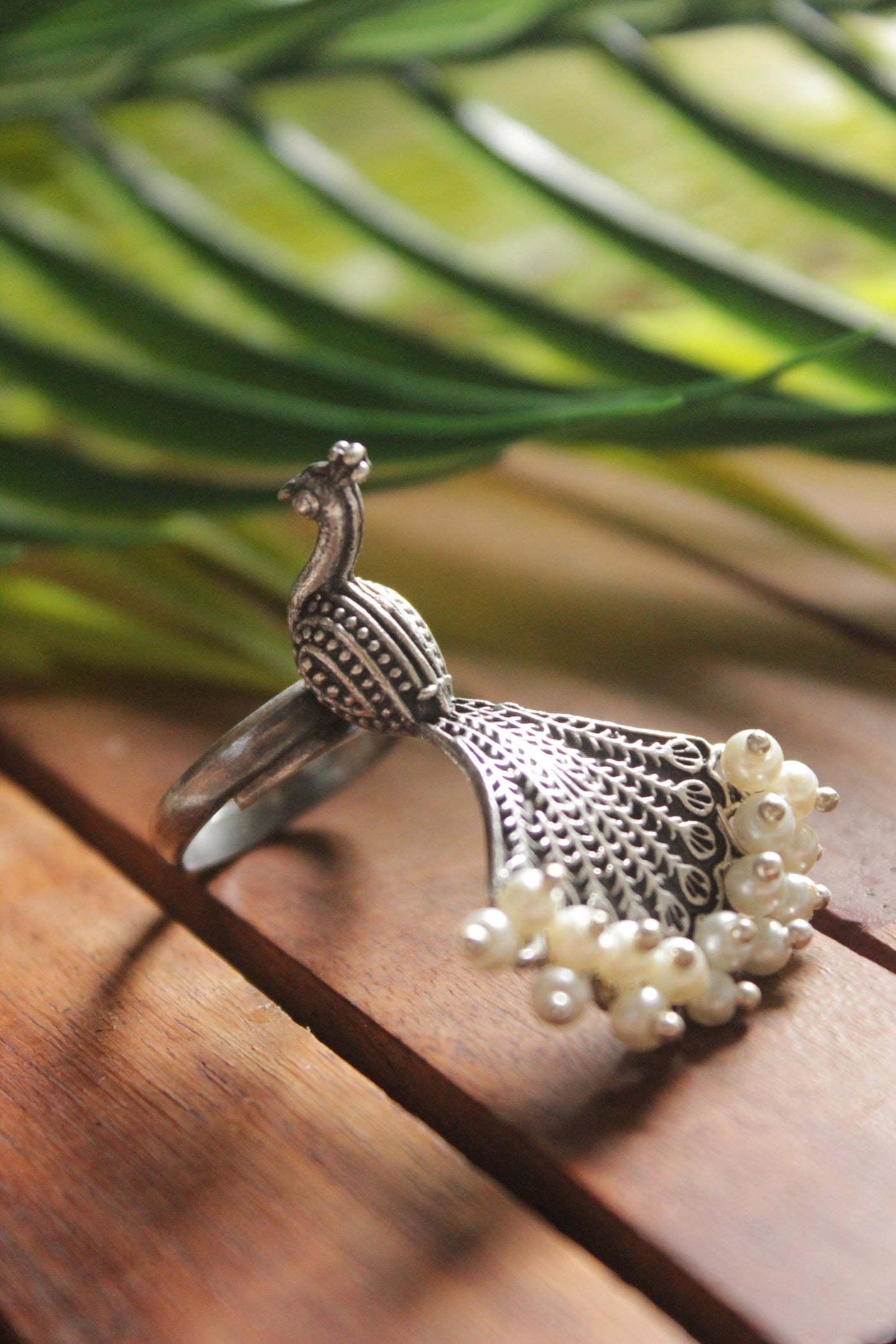 Peacock Oxidised Silver Finish Statement Cocktail Adjustable Ring