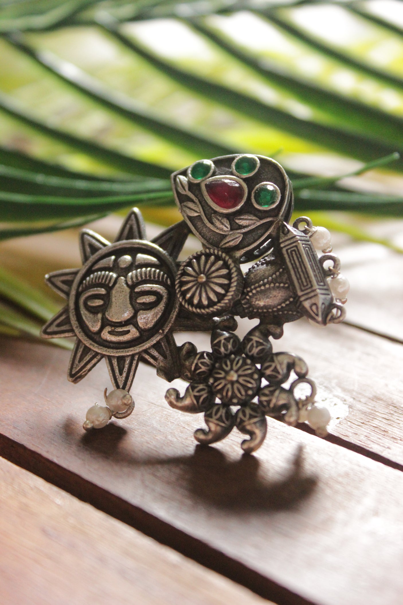 Oxidised Silver Finish Sun & Flowers Motifs Statement Cocktail Adjustable Ring