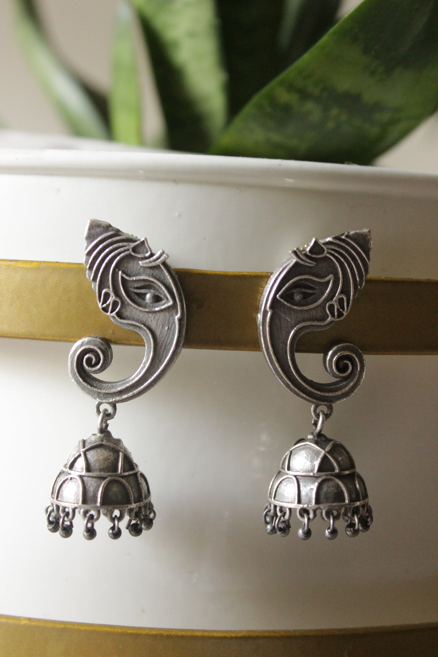 Ganesha Motif Premium Oxidised Finish Jhumka Earrings