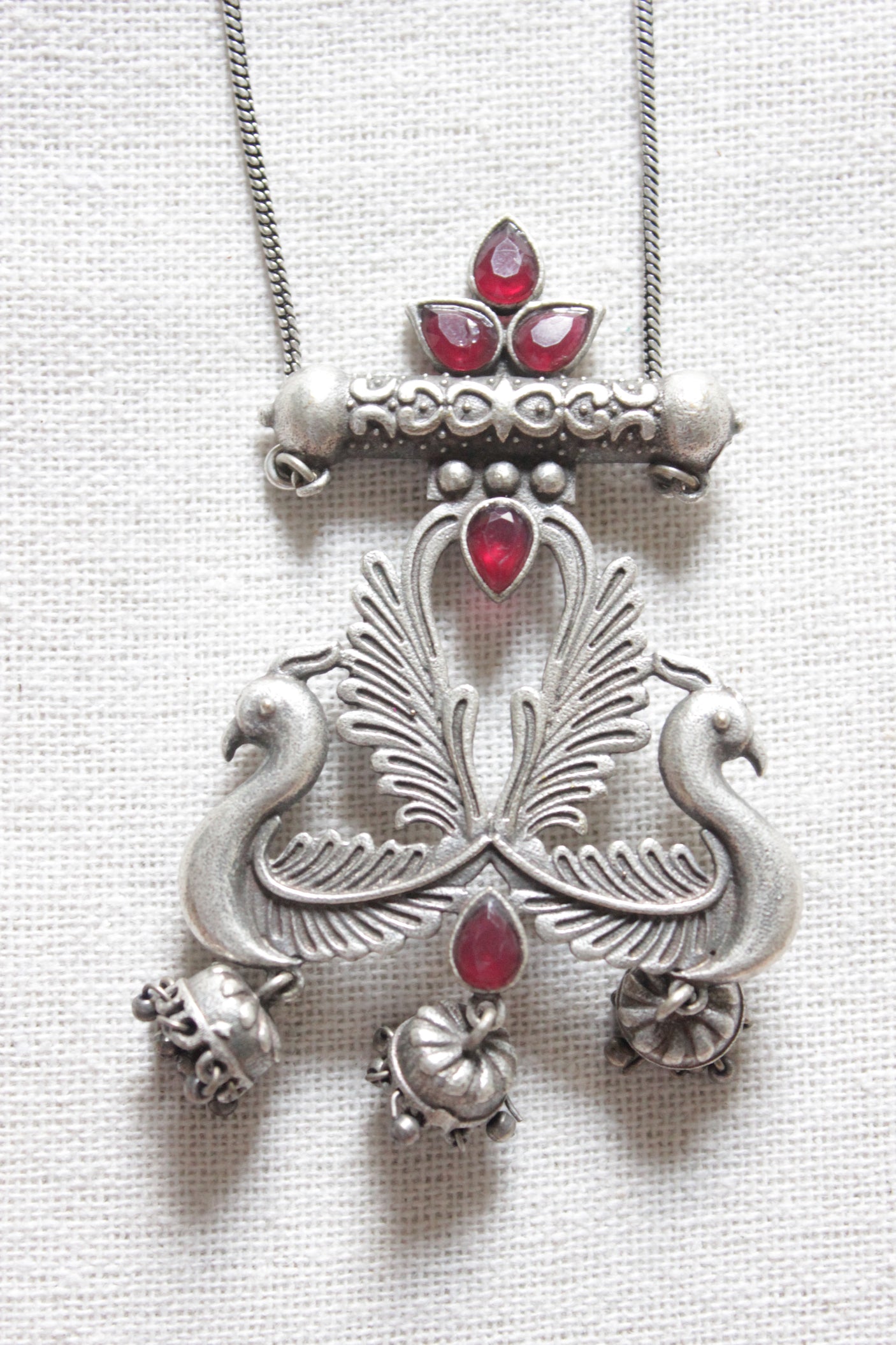 Peacock Motif Premium Oxidised Finish Fuchsia Stones Embdedded Cocktail Pendant Chain Necklace