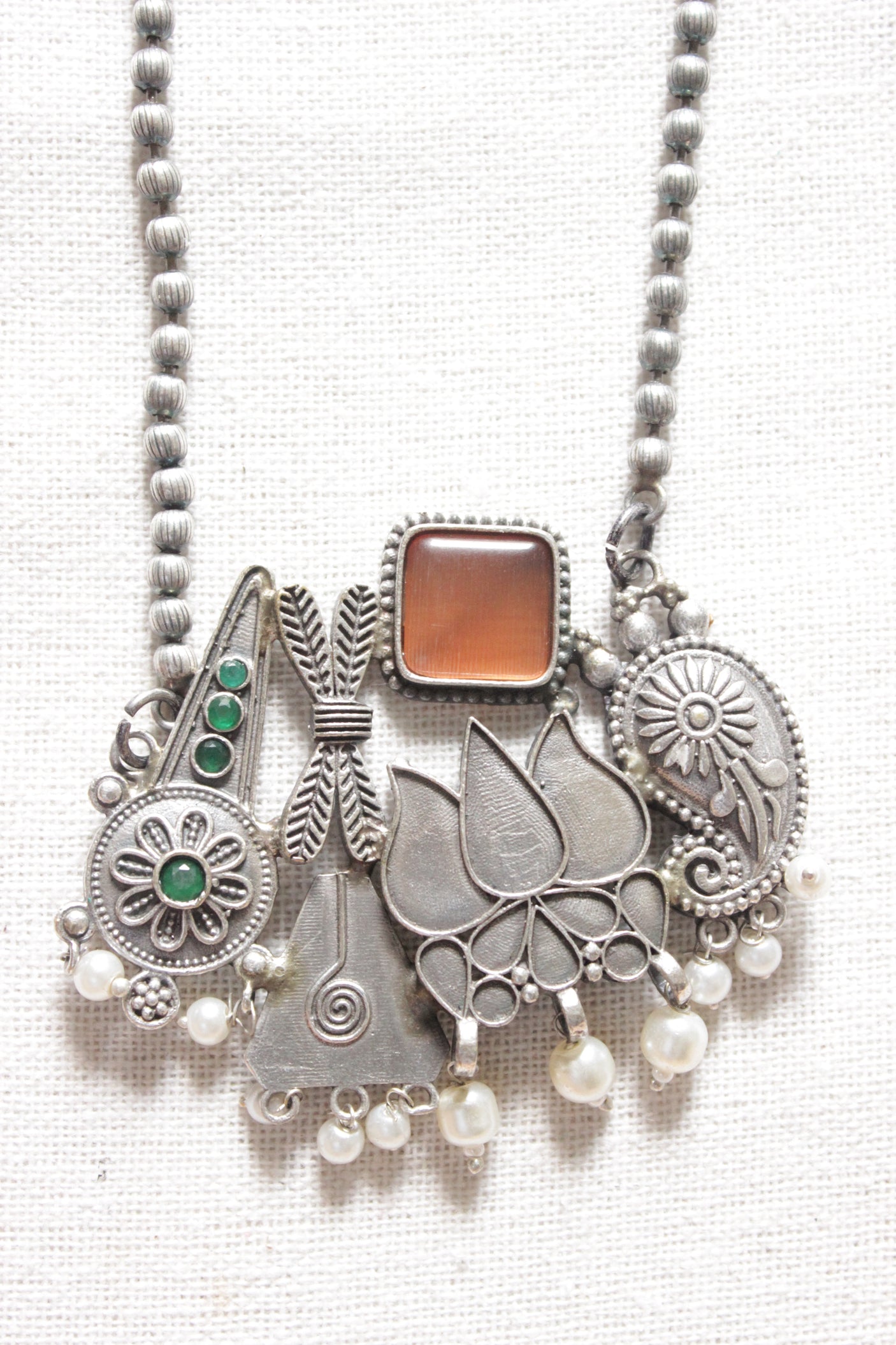 Lotus Motif Premium Oxidised Finish Cocktail Pendant Chain Necklace