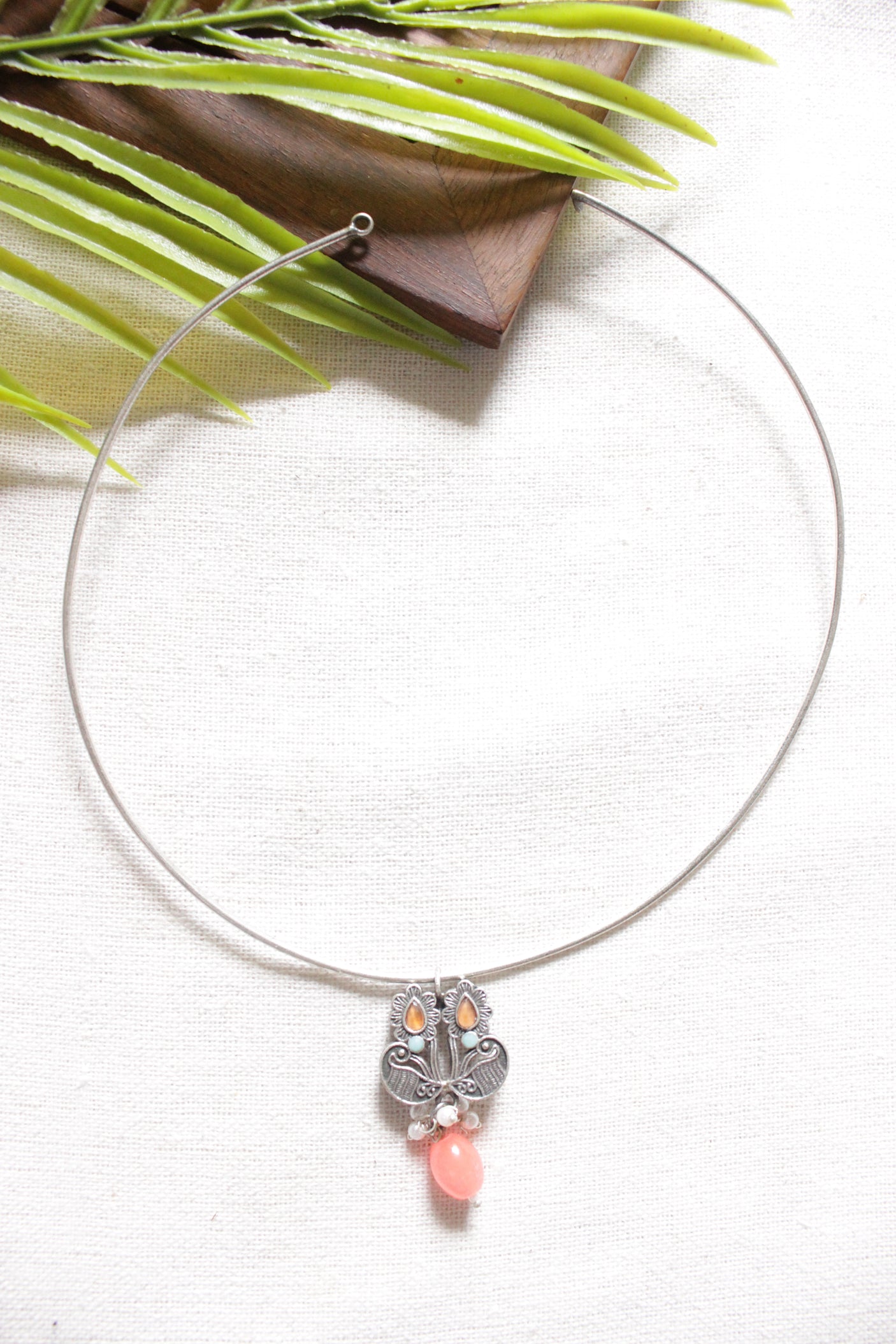 Oxidised Finish Necklace with Minimalist Pendant with Hasli Style Metal Wire Closure