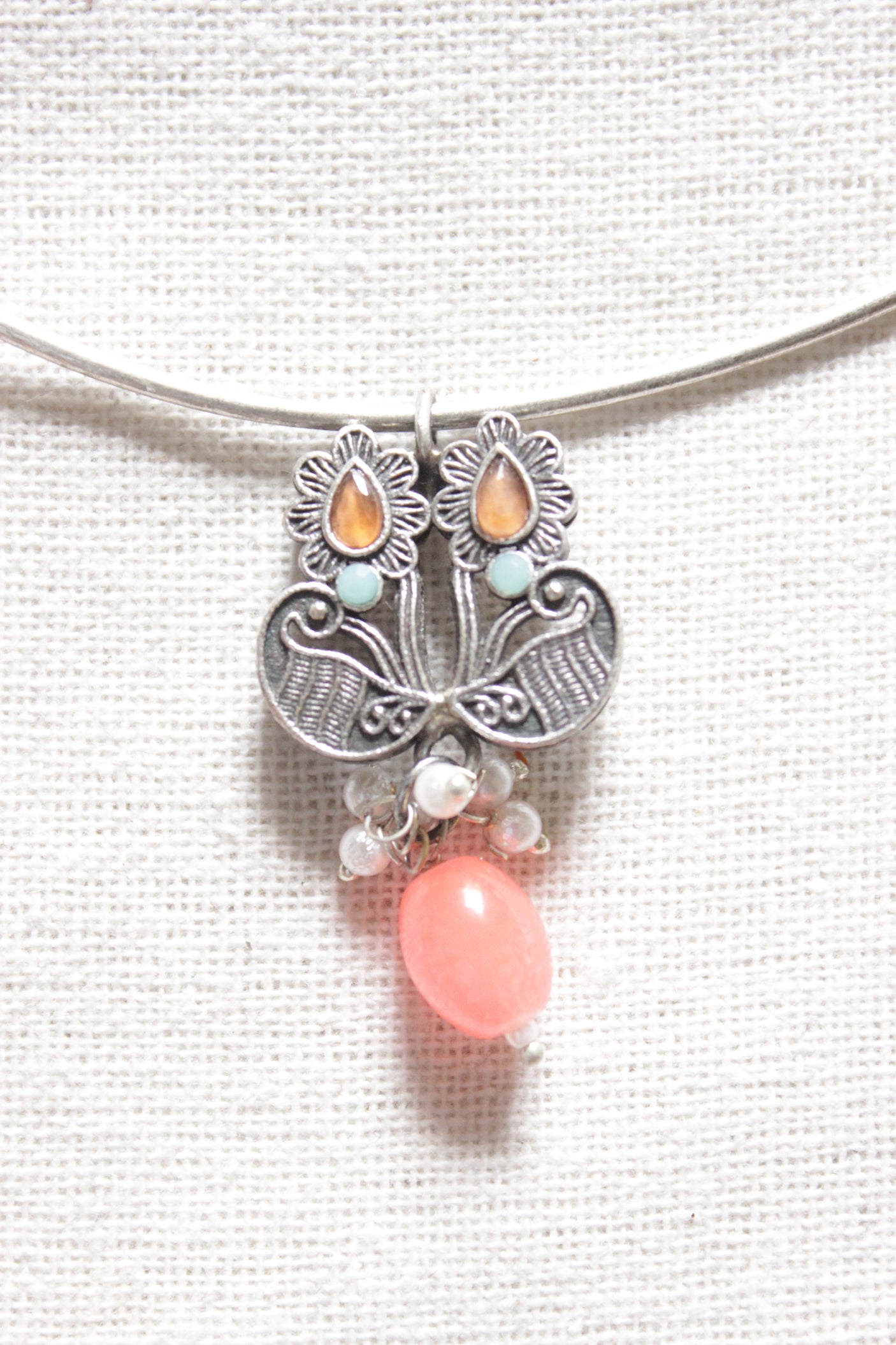 Oxidised Finish Necklace with Minimalist Pendant with Hasli Style Metal Wire Closure