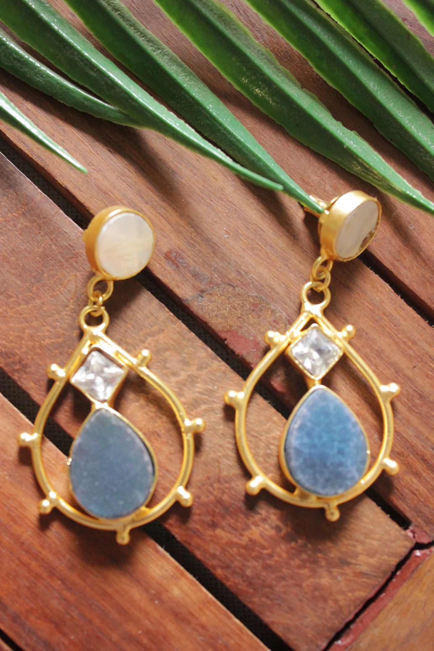 Gold Finish Blue Sugar Druzy Natural Gemstone Embedded Premium Earrings