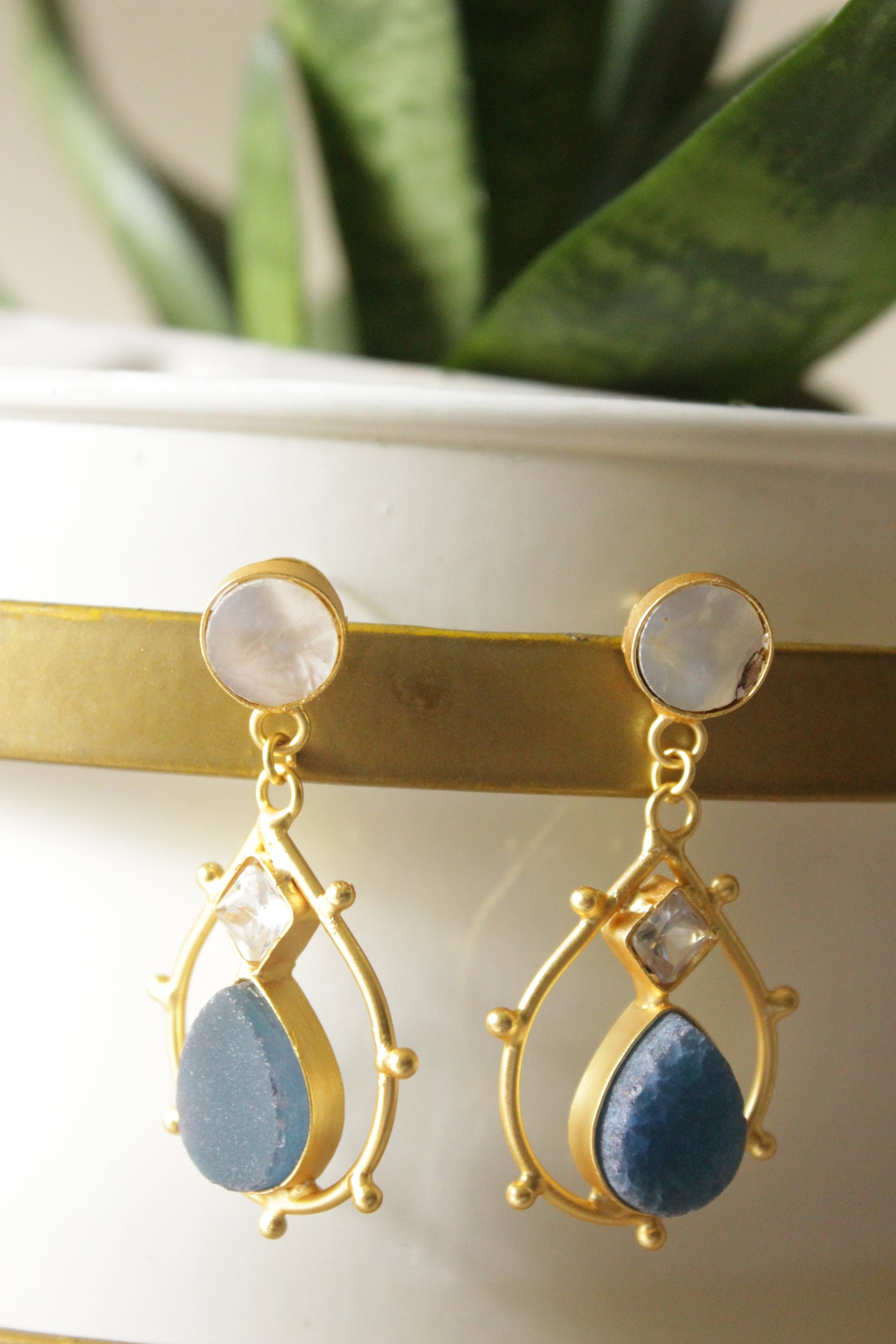 Gold Finish Blue Sugar Druzy Natural Gemstone Embedded Premium Earrings