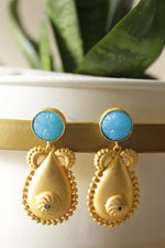 Load image into Gallery viewer, Gold Finish Blue Stone Embedded Premium Brass Tear Drop Earrings
