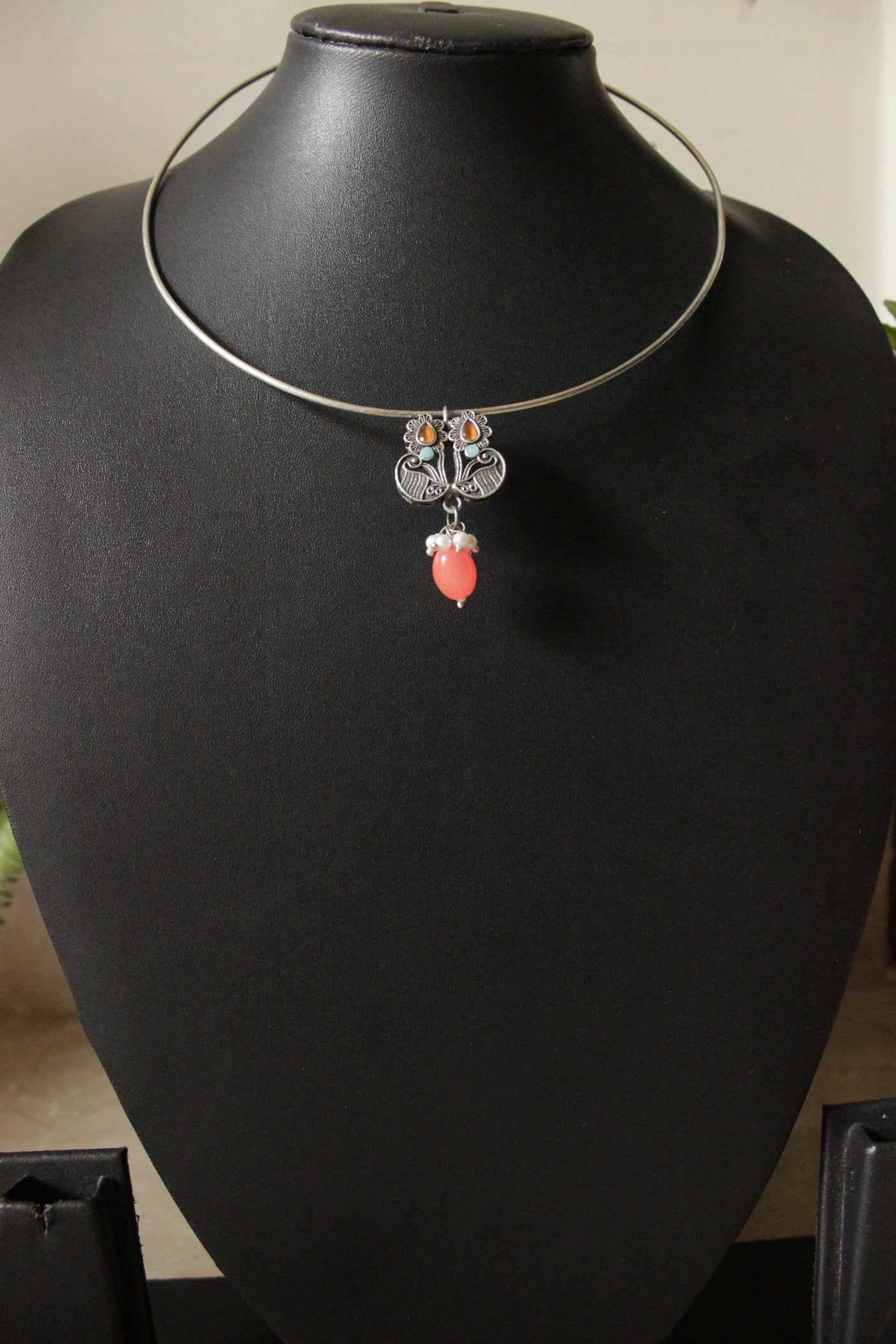 Oxidised Finish Necklace with Minimalist Pendant with Hasli Style Metal Wire Closure