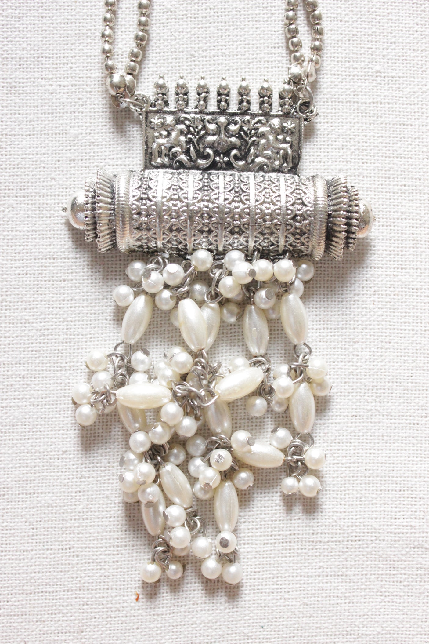 White Beads Embellished Silver Finish 2 Layer Chain Necklace Set