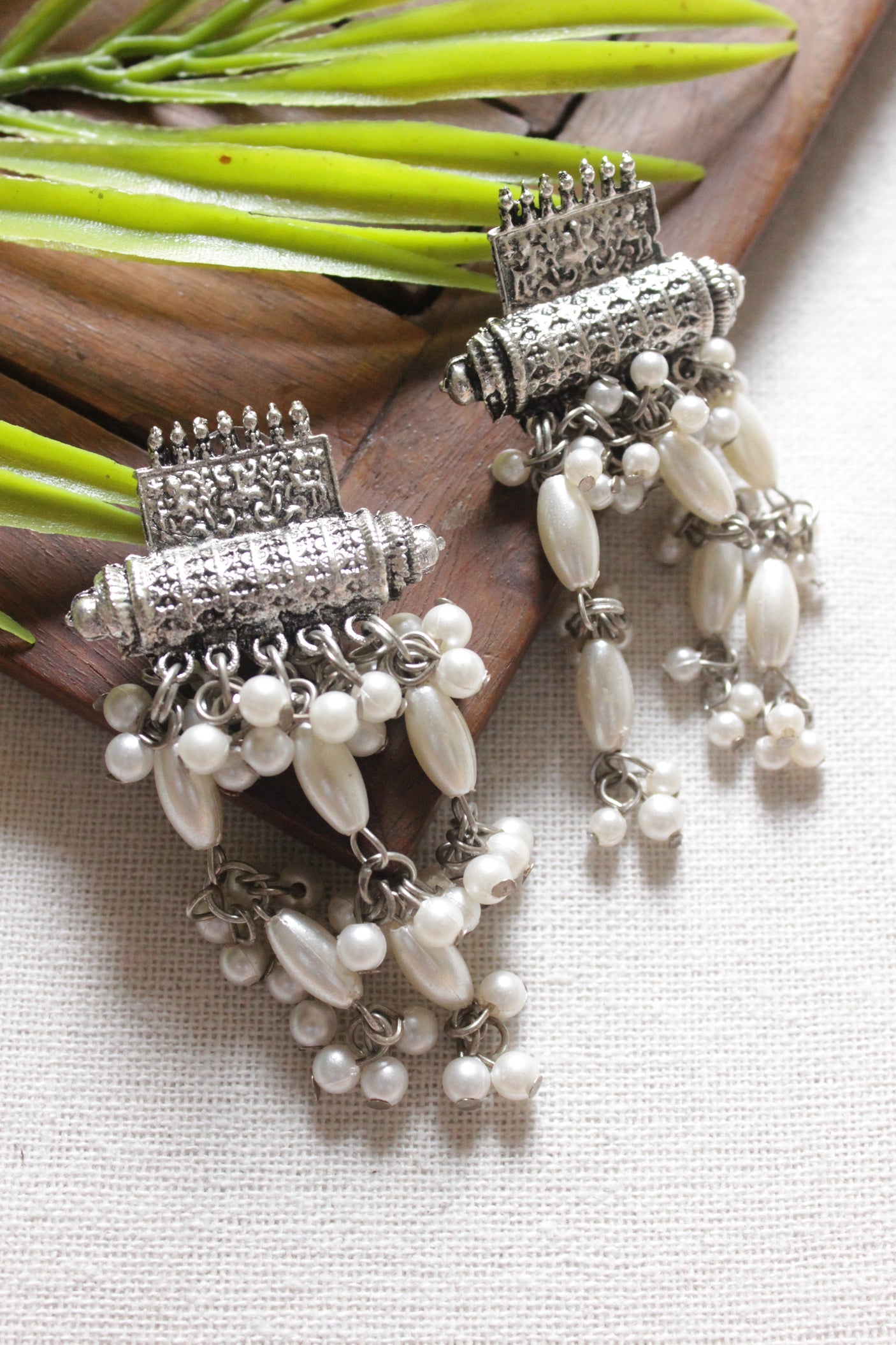 White Beads Embellished Silver Finish 2 Layer Chain Necklace Set