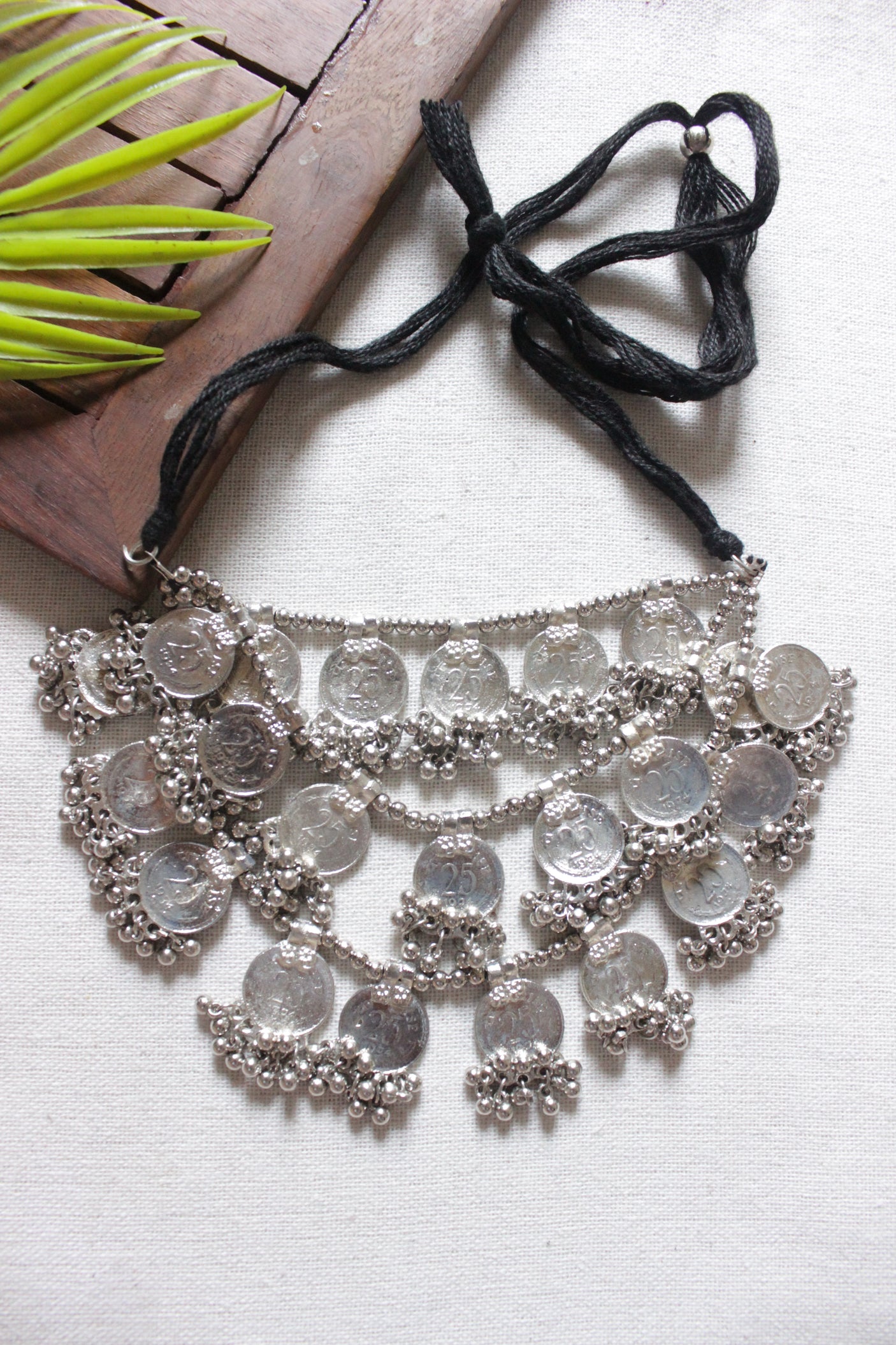 Stamped Metal Coins 3 Layered Adjustable Thread Closure Choker Necklace