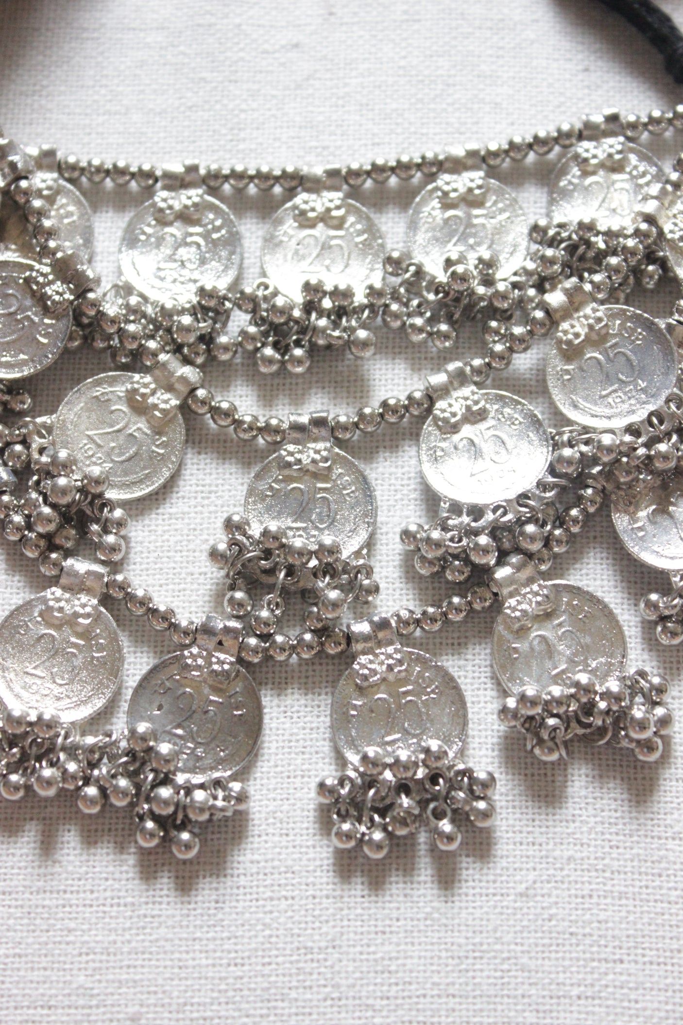 Stamped Metal Coins 3 Layered Adjustable Thread Closure Choker Necklace