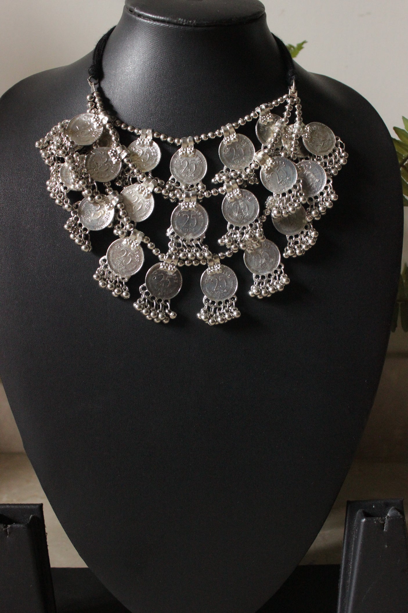 Stamped Metal Coins 3 Layered Adjustable Thread Closure Choker Necklace