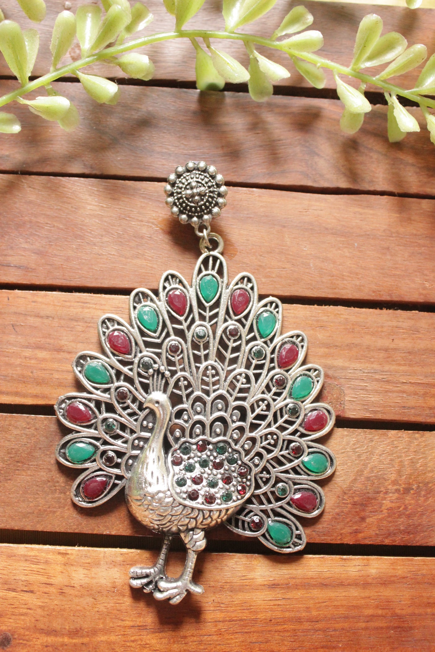 Red & Green Stones Embedded Intricately Detailed Peacock Statement Earrings