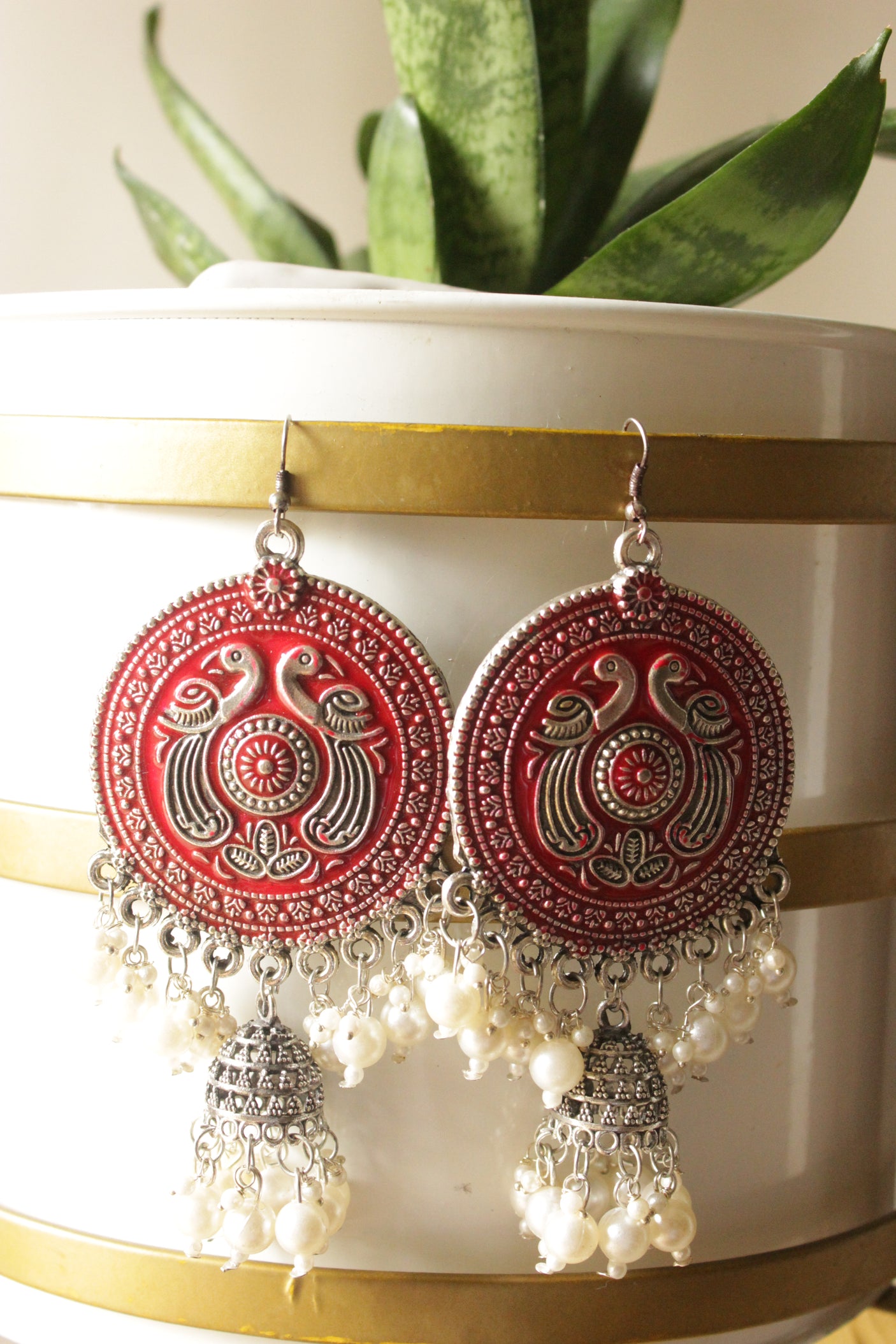 Red Enamel Painted Intricately Detailed Oxidised Finish Peacock Motif Jhumka Earrings